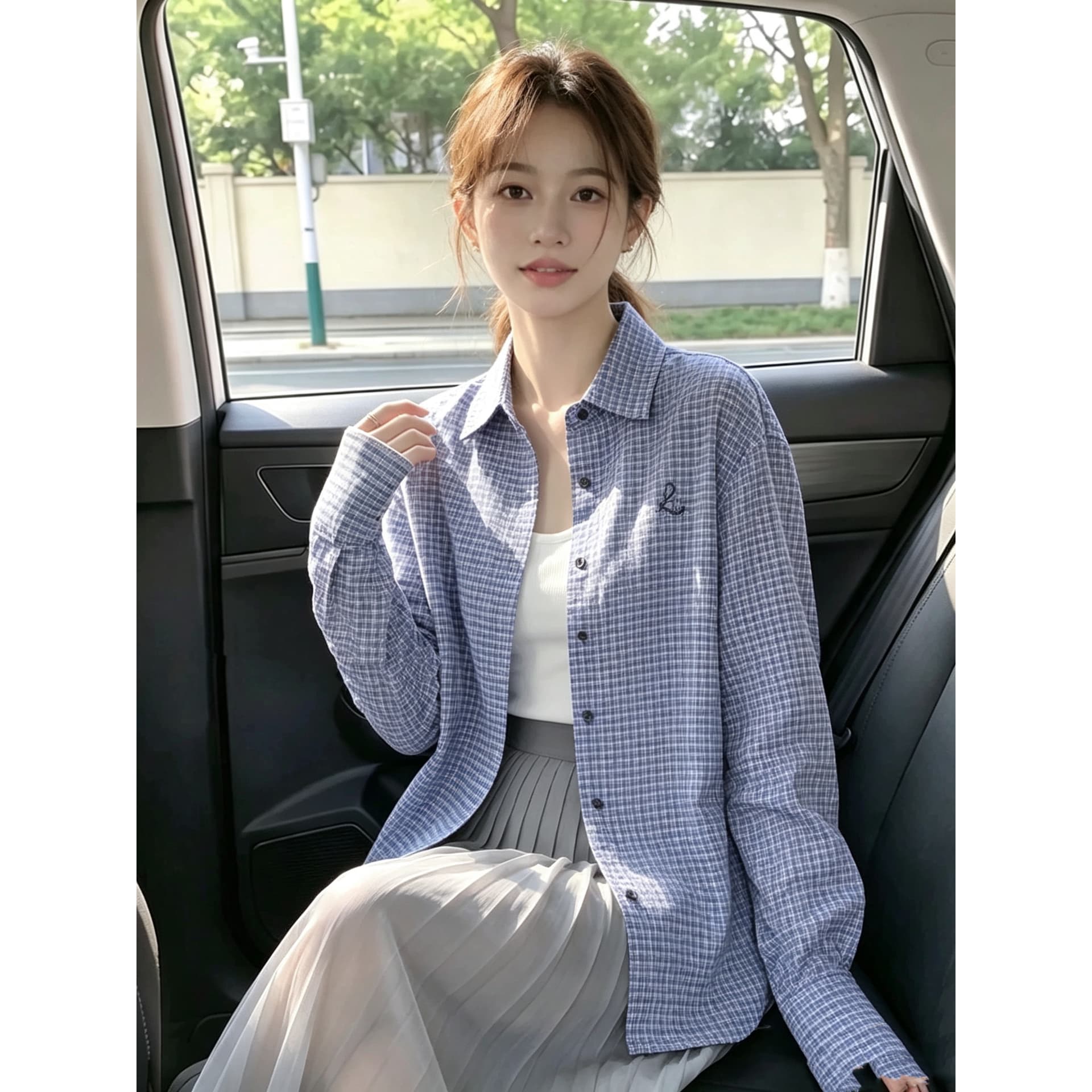 2026 새로운 가을 파란색 격자 무늬 셔츠 자수 긴팔 맨위 이미지 5