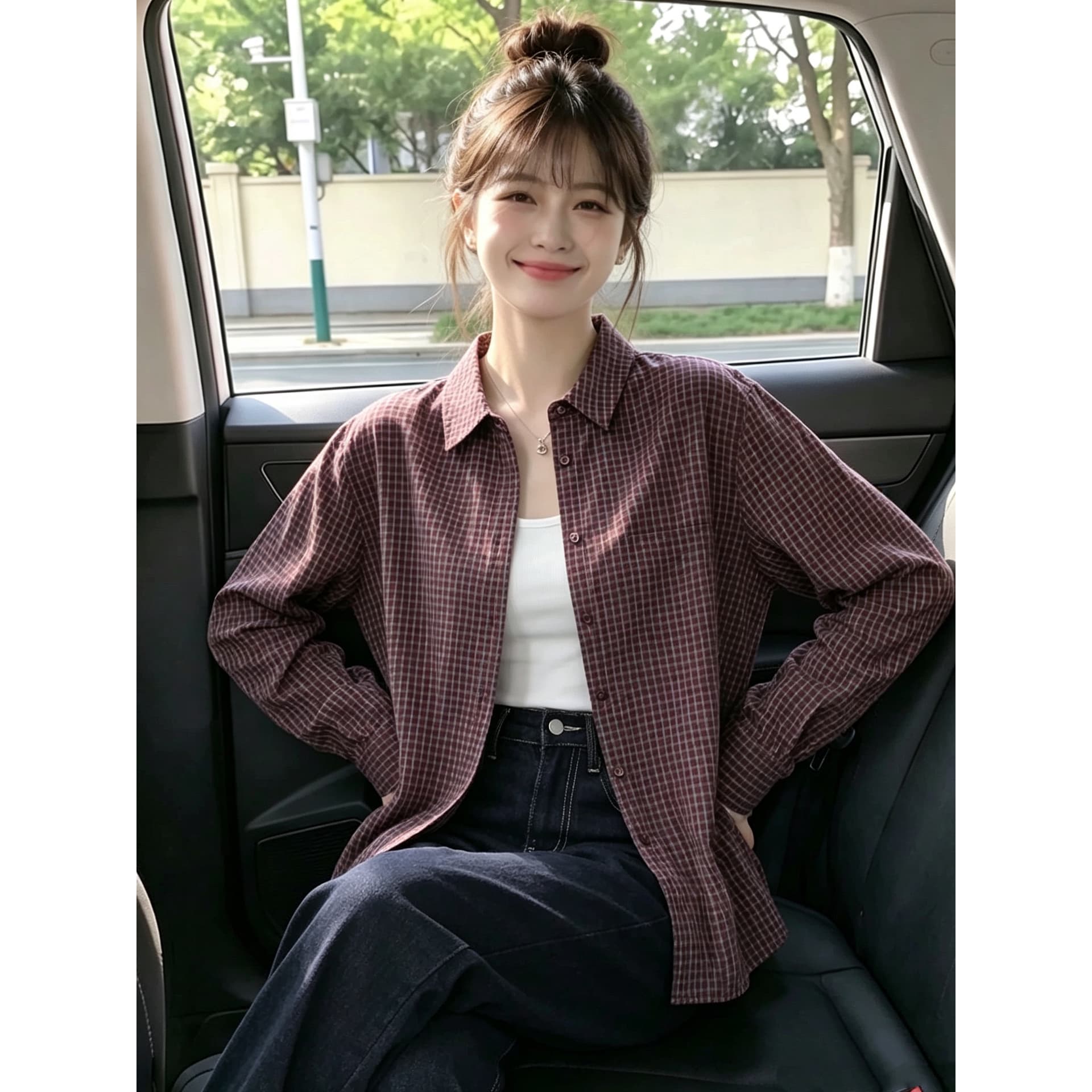 2026 가을 순면 빨간색 격자 무늬 셔츠 맨위 이미지 5