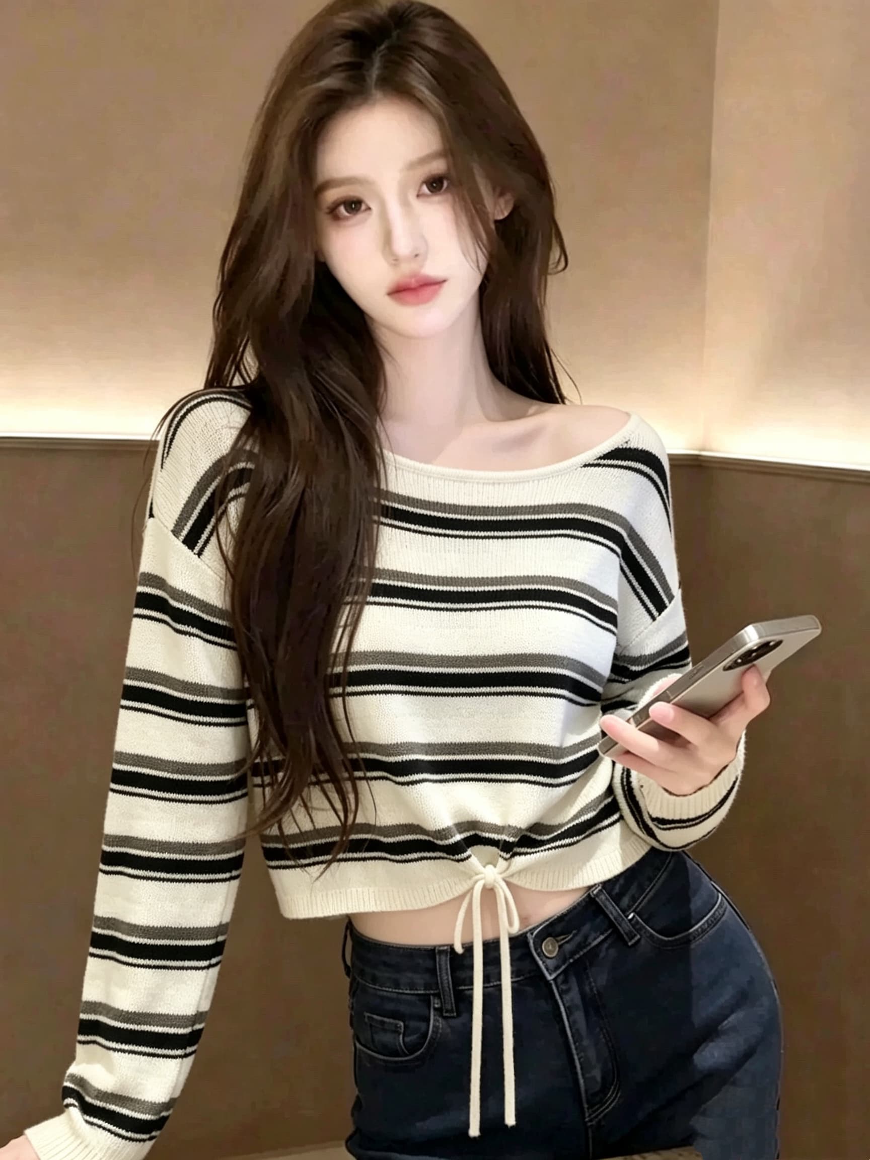2026 가을 배색 스트라이프 긴팔 니트 스웨터 고유 한 Chic 불규칙 첨부 된 의류