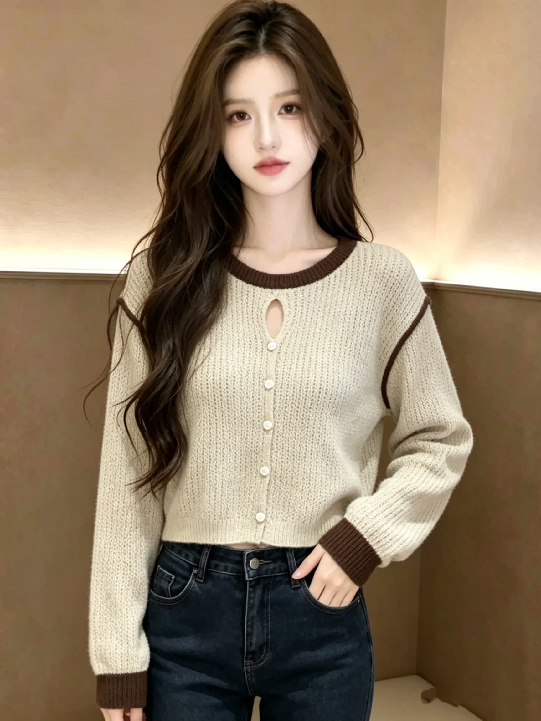 2026 가을 새로운 품격 배색 라운드 넥 맨위 홀로우 아웃 니트 스웨터 이미지 2