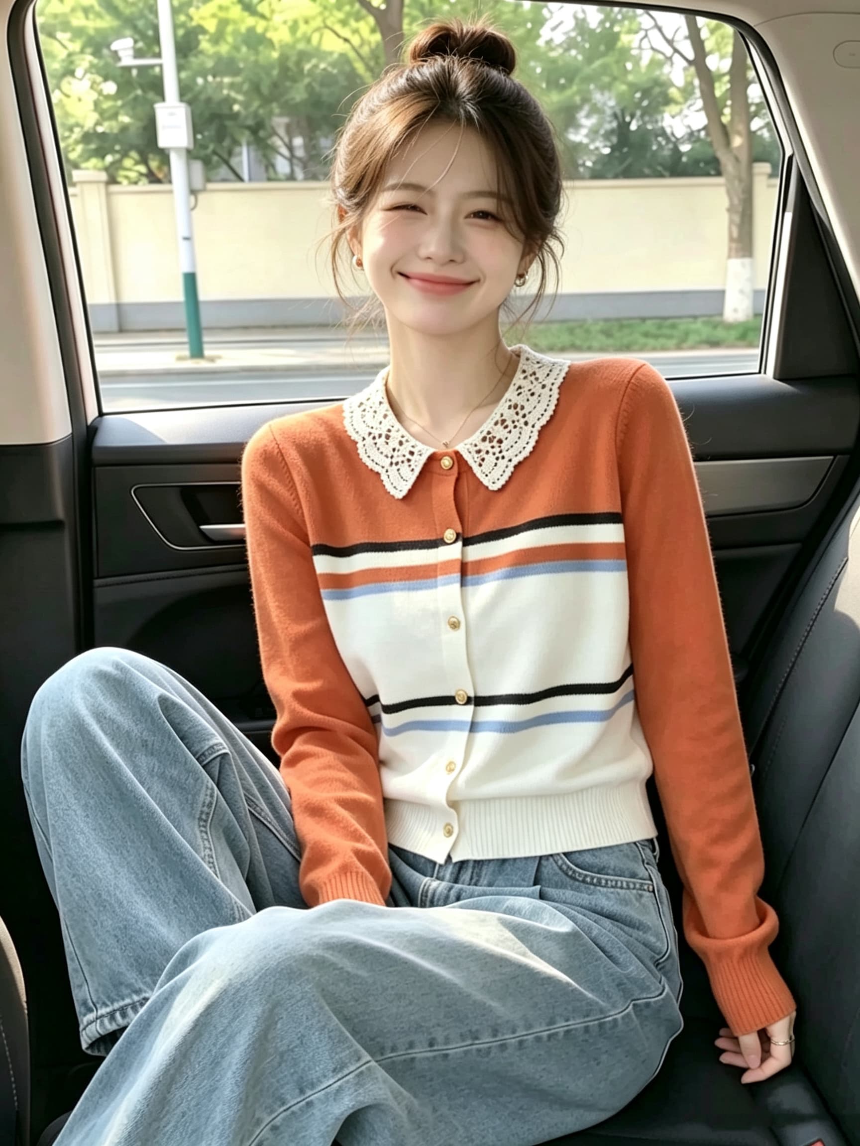 2026 가을 새로운 레이스 폴로 칼라 배색 스트라이프 니트 반팔 티셔츠 맨위 상세 이미지 2