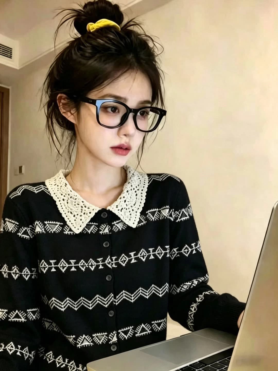 2026 가을 새로운 레트로 자카드 베이비 칼라 긴팔 니트 스웨터 캐주얼 바람 다용도 맨위 이미지 3
