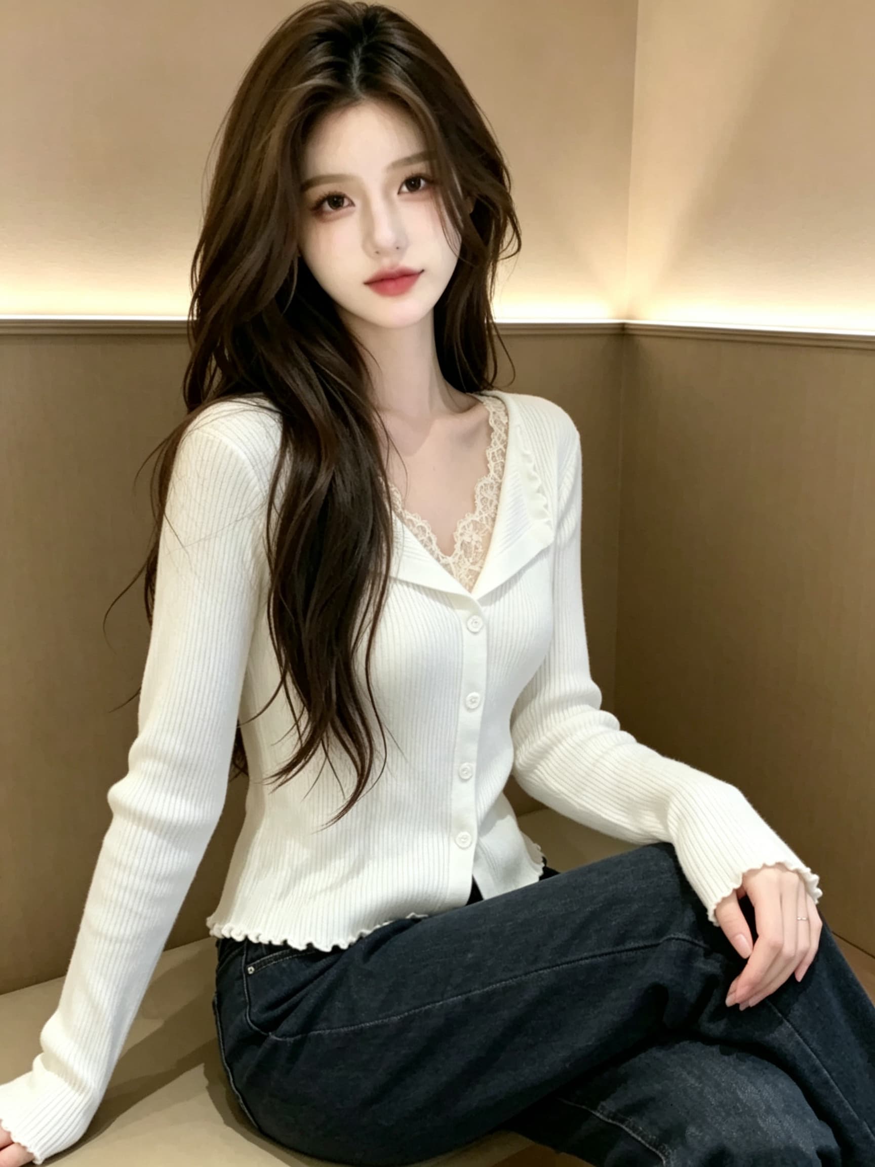 2026 가을 레이스 페이크 레이어드 니트 오픈 가디건 맨위 이미지 2