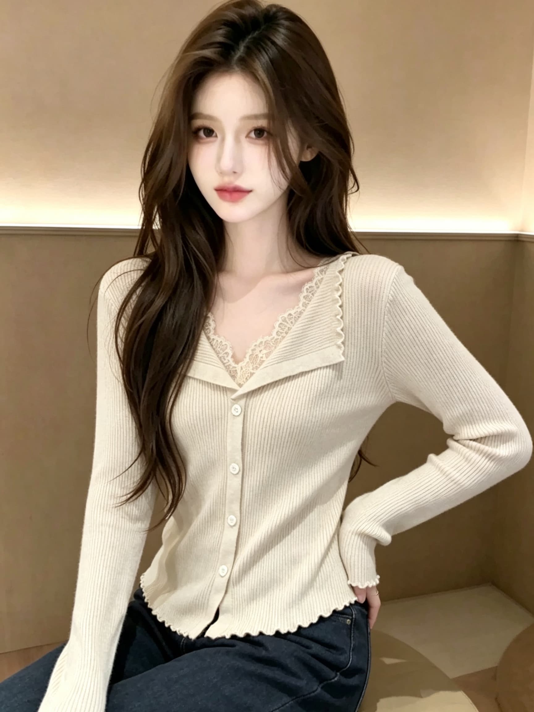 2026 가을 레이스 페이크 레이어드 니트 오픈 가디건 맨위 상세 이미지 4