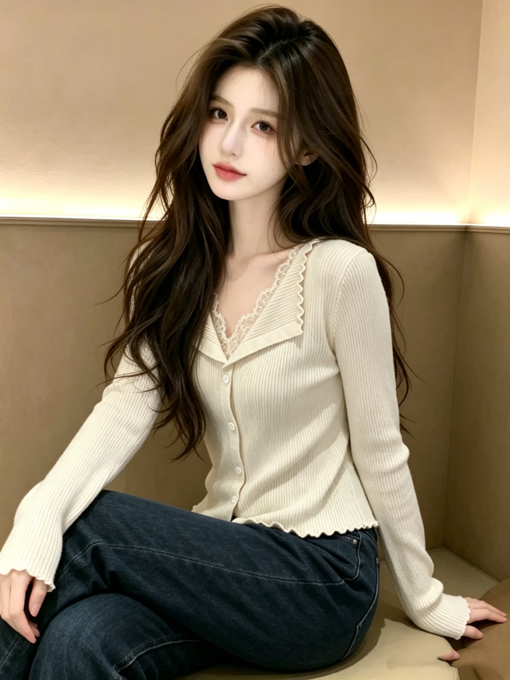 2026 가을 레이스 페이크 레이어드 니트 오픈 가디건 맨위 상세 이미지 5