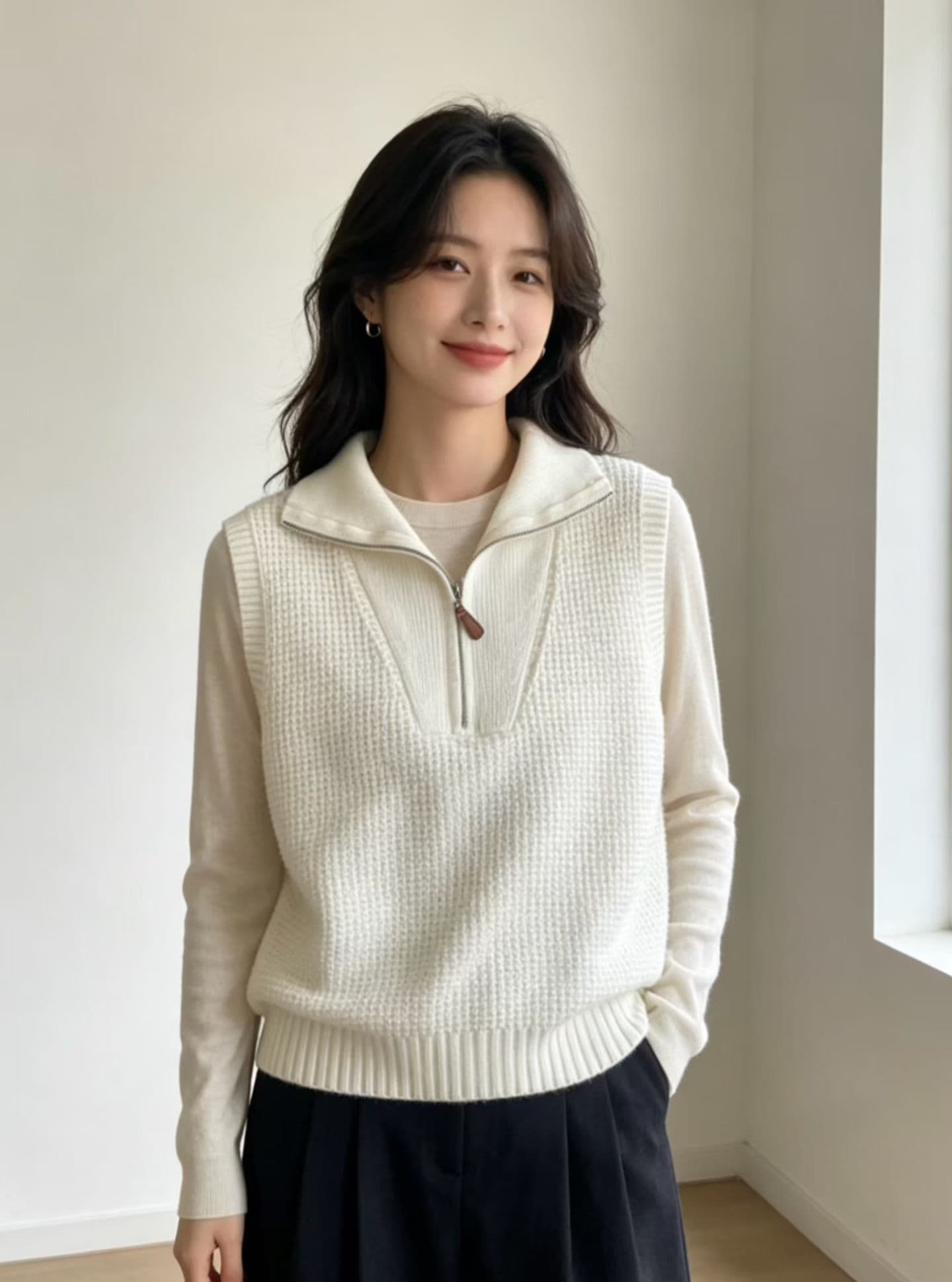 2026 가을 새로운 지퍼 폴로 칼라 니트 민소매 조끼 느긋한 바람 홀로우 아웃 맨위