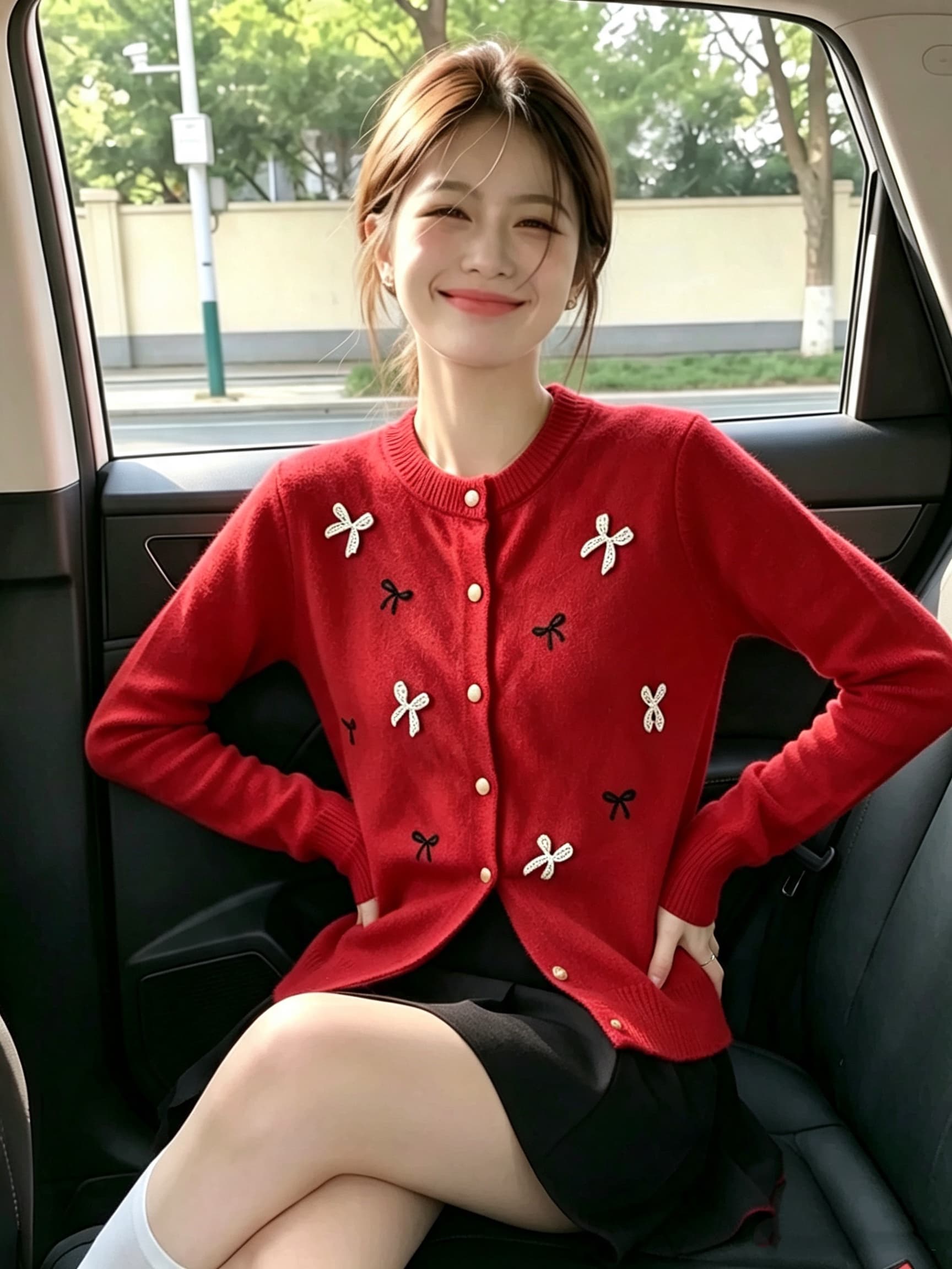 2026 가을 새로운 빨간색 스웨터 부드러운 찹쌀 라운드 넥 다용도 연령 감소 니트 오픈 가디건 맨위