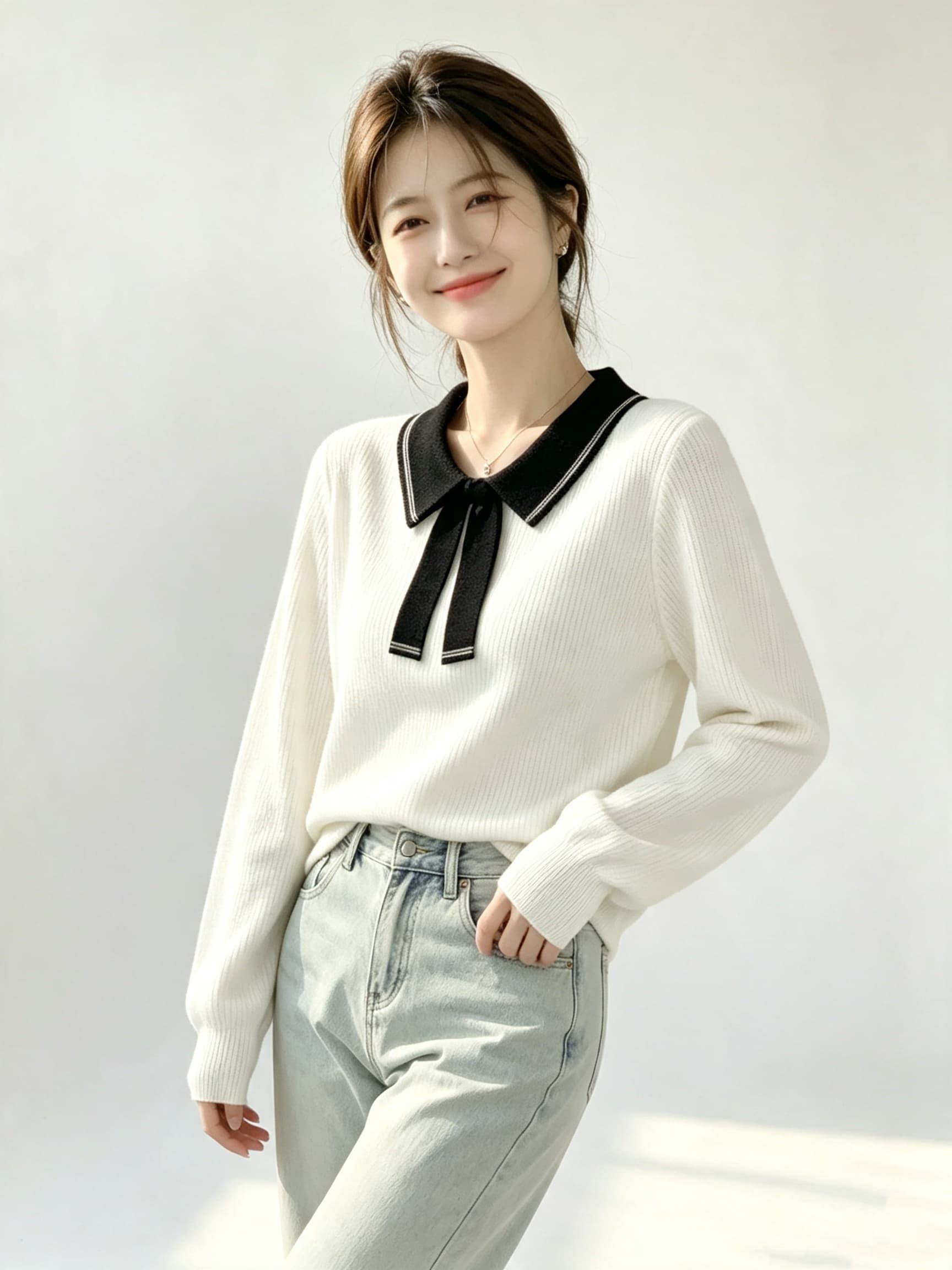 2026 가을 의상 새로운 한 부서 배색 나비 매듭 폴로 칼라 긴팔 니트 스웨터 이미지 2
