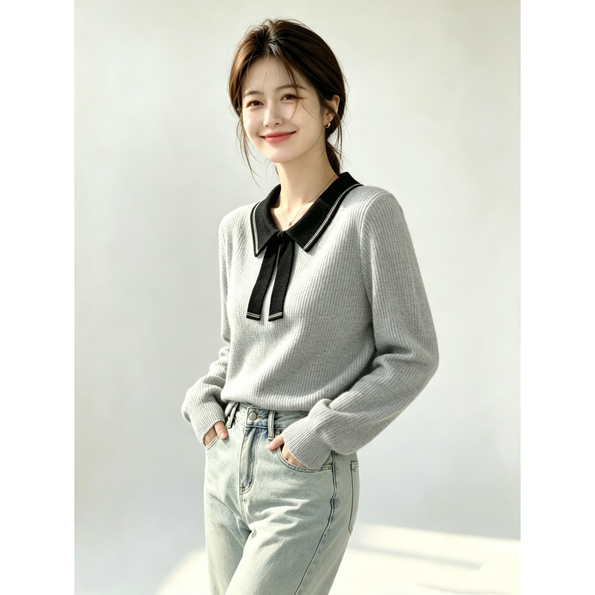 2026 가을 의상 새로운 한 부서 배색 나비 매듭 폴로 칼라 긴팔 니트 스웨터 이미지 5