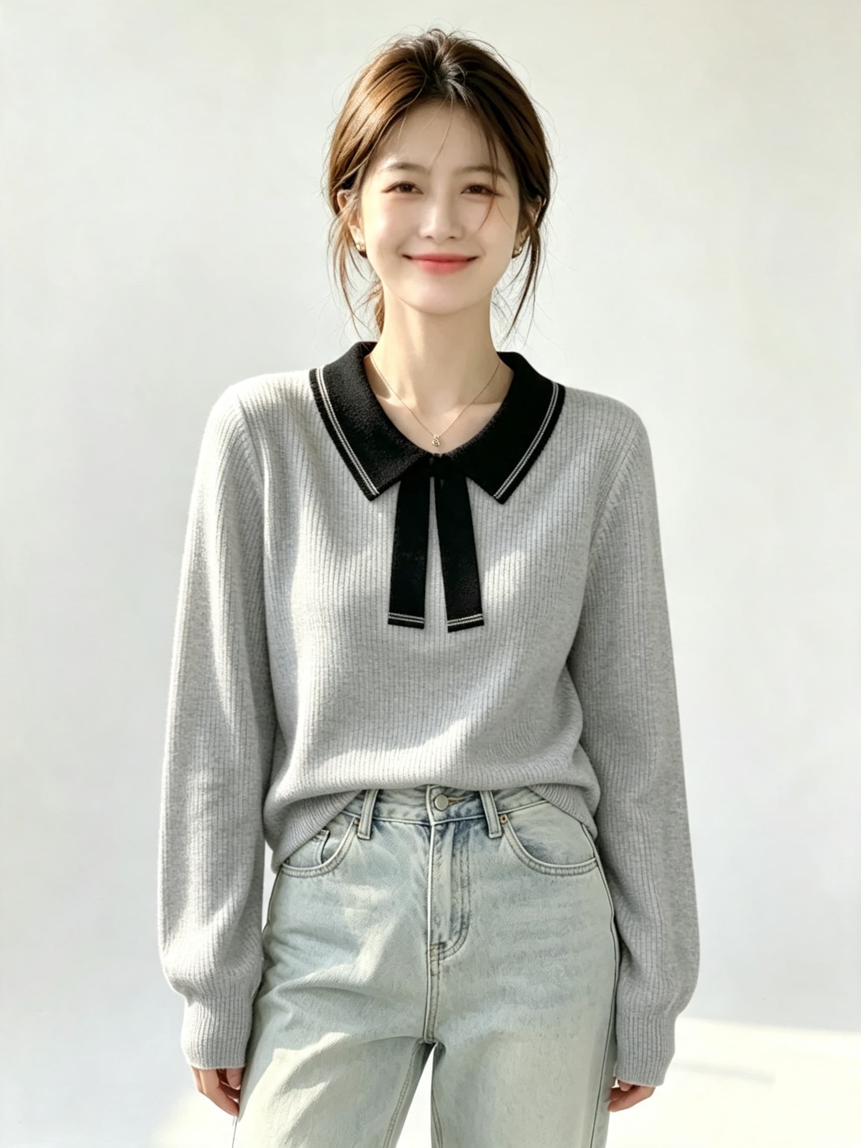 2026 가을 의상 새로운 한 부서 배색 나비 매듭 폴로 칼라 긴팔 니트 스웨터 상세 이미지 5