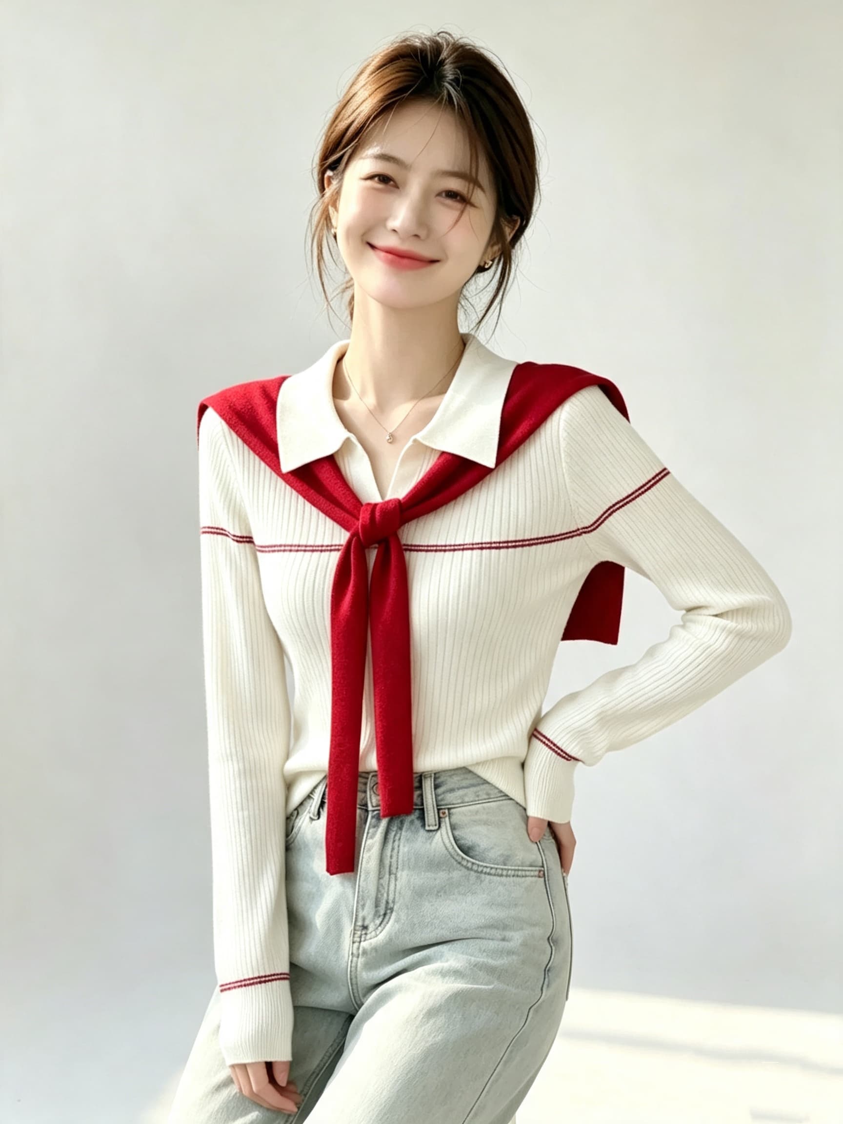 2026 가을 몸매 가꾸기 긴팔 패치워크 색상 라인 니트 기본 셔츠 맨위 이미지 2