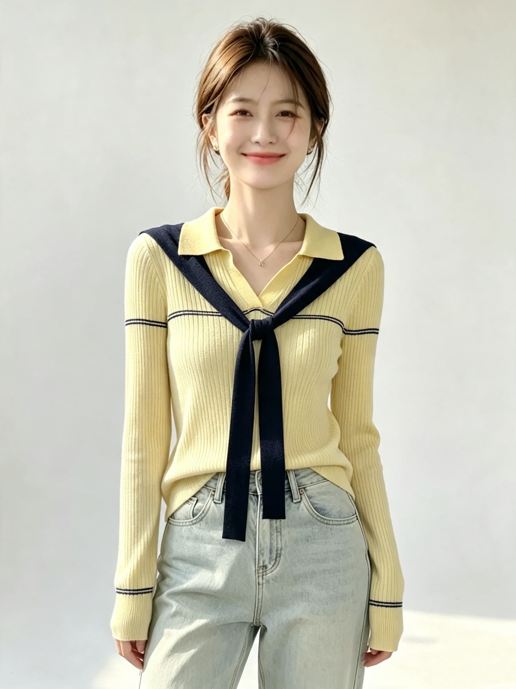 2026 가을 몸매 가꾸기 긴팔 패치워크 색상 라인 니트 기본 셔츠 맨위 상세 이미지 4