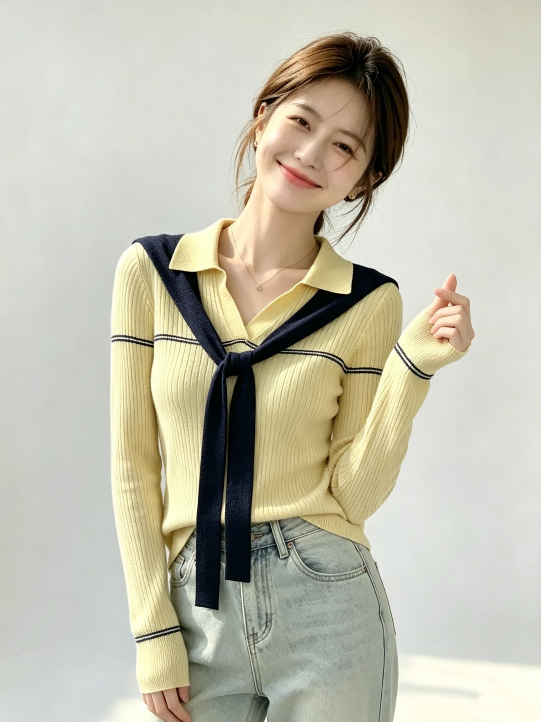 2026 가을 몸매 가꾸기 긴팔 패치워크 색상 라인 니트 기본 셔츠 맨위 상세 이미지 5