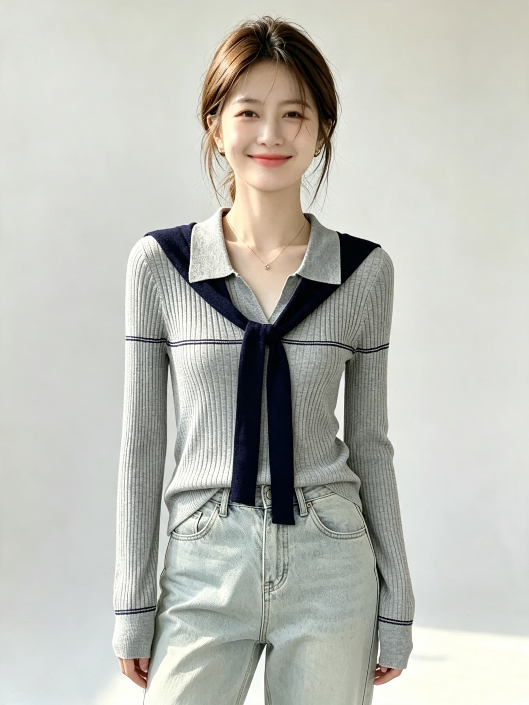 2026 가을 몸매 가꾸기 긴팔 패치워크 색상 라인 니트 기본 셔츠 맨위 상세 이미지 8