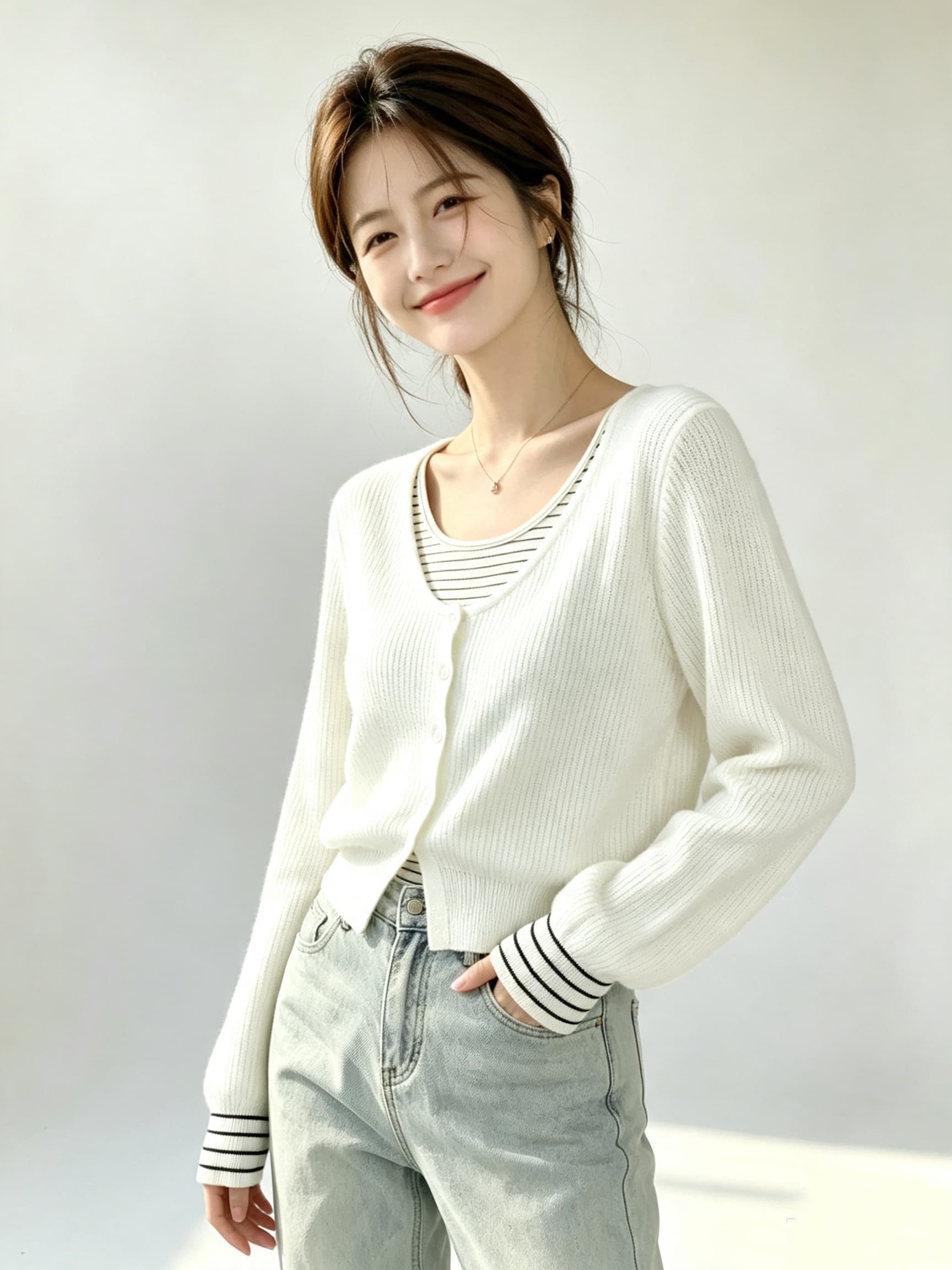 2026 가을 스트라이프 패치워크 라운드 넥 페이크 레이어드 니트 스웨터 맨위 상세 이미지 6