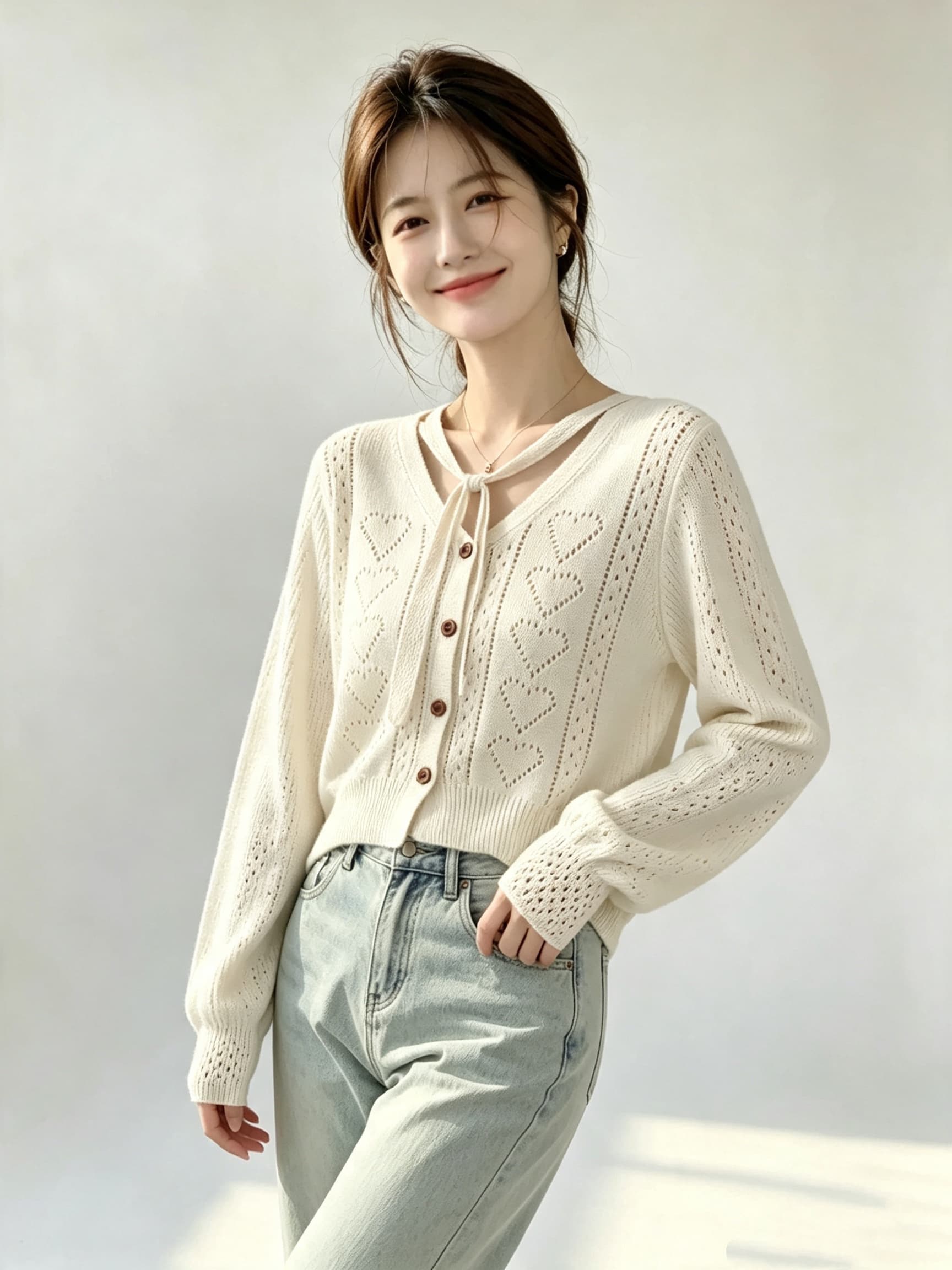 2026 가을 새로운 홀로우 아웃 디자인 리본 오픈 가디건 여성 코트 이미지 4