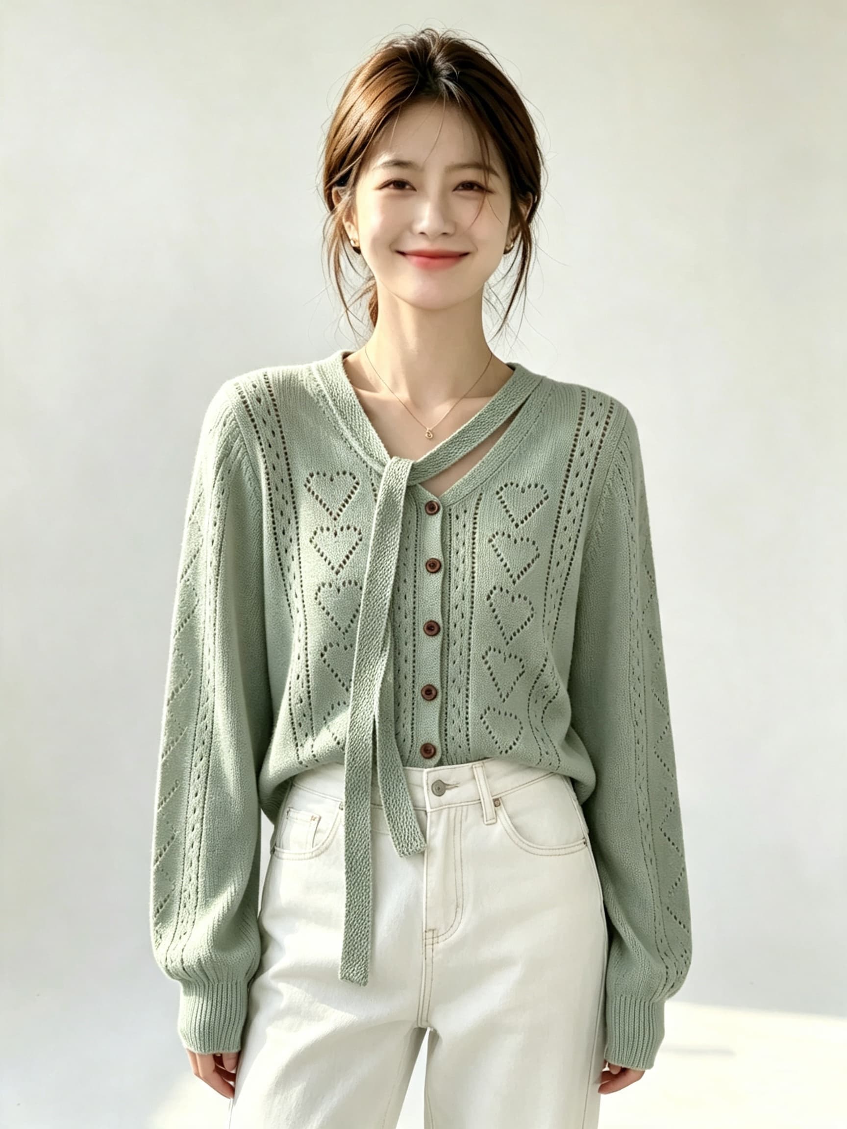 2026 가을 새로운 홀로우 아웃 디자인 리본 오픈 가디건 여성 코트 상세 이미지 2