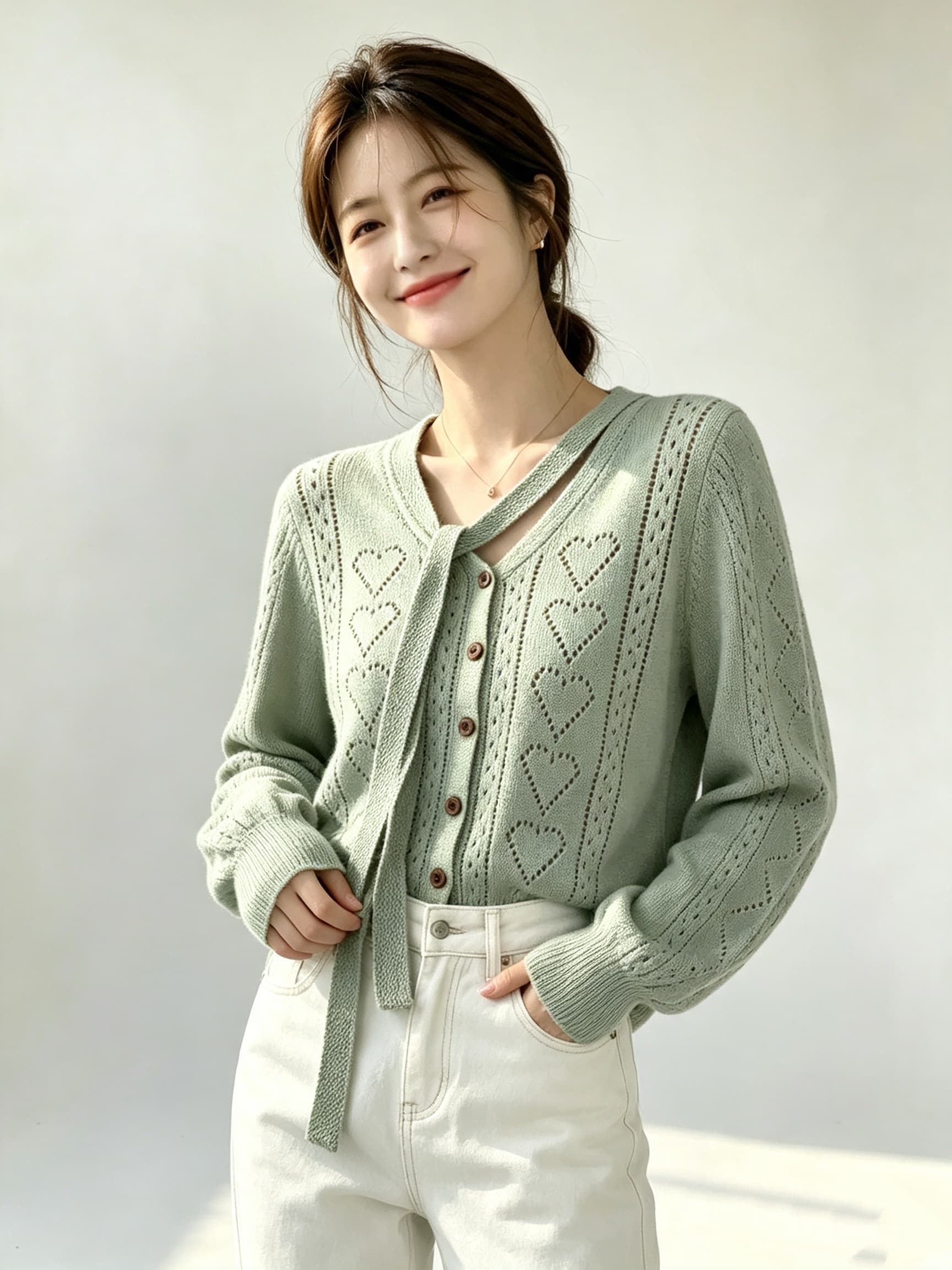2026 가을 새로운 홀로우 아웃 디자인 리본 오픈 가디건 여성 코트 상세 이미지 3