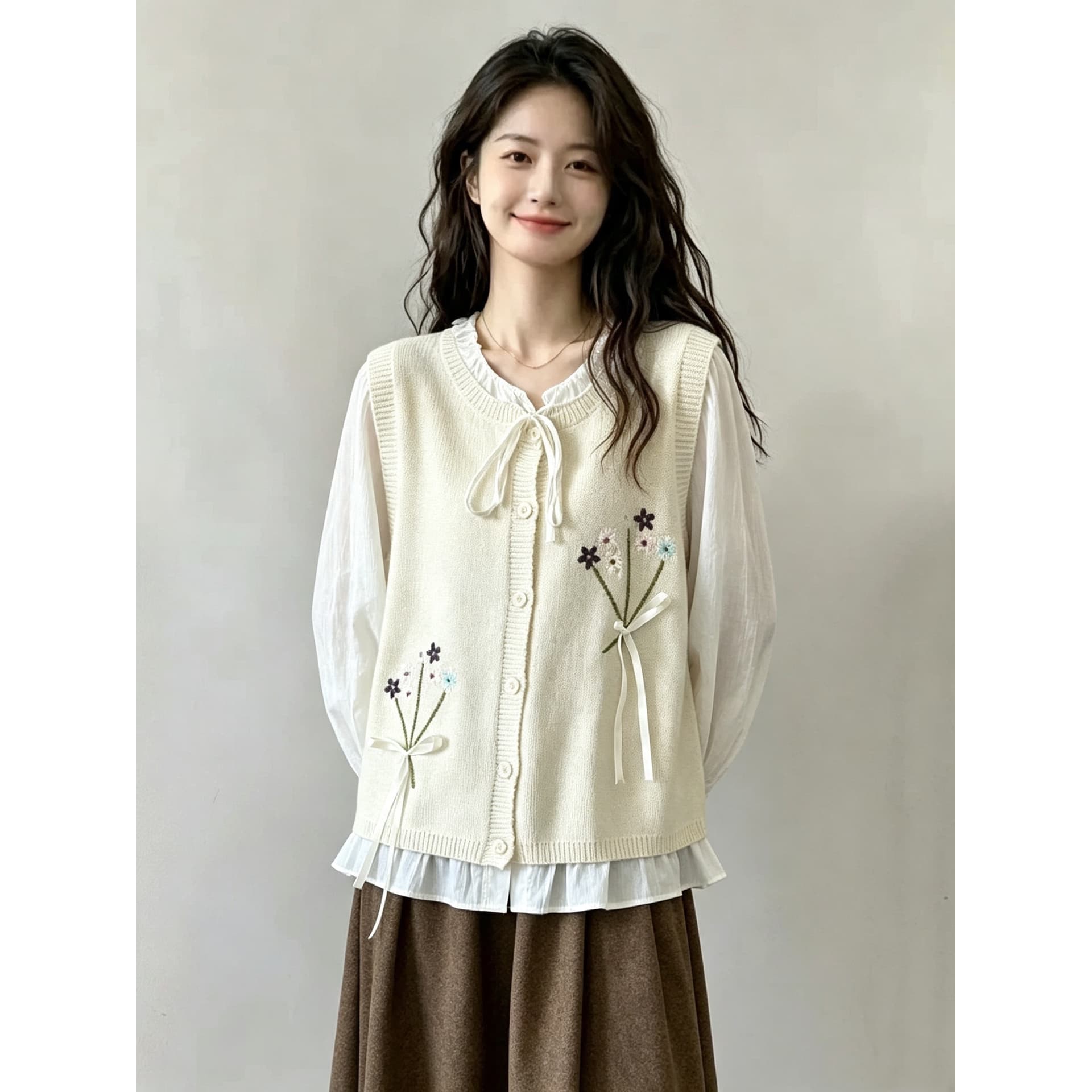 2026 가을 새로운 레트로 꽃 자수 니트 오픈 가디건 조끼 외부 가져 가라. 스택 착용 베스트 이미지 5