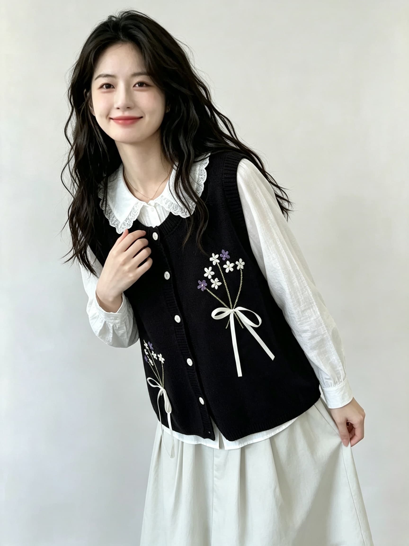 2026 가을 새로운 레트로 꽃 자수 니트 오픈 가디건 조끼 외부 가져 가라. 스택 착용 베스트 상세 이미지 3