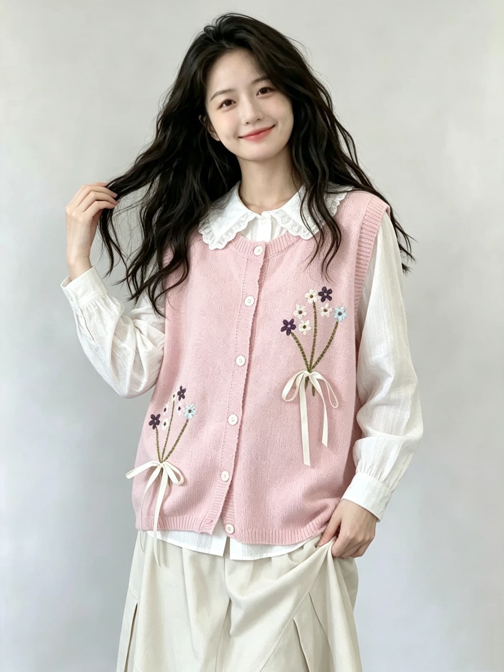 2026 가을 새로운 레트로 꽃 자수 니트 오픈 가디건 조끼 외부 가져 가라. 스택 착용 베스트 상세 이미지 5