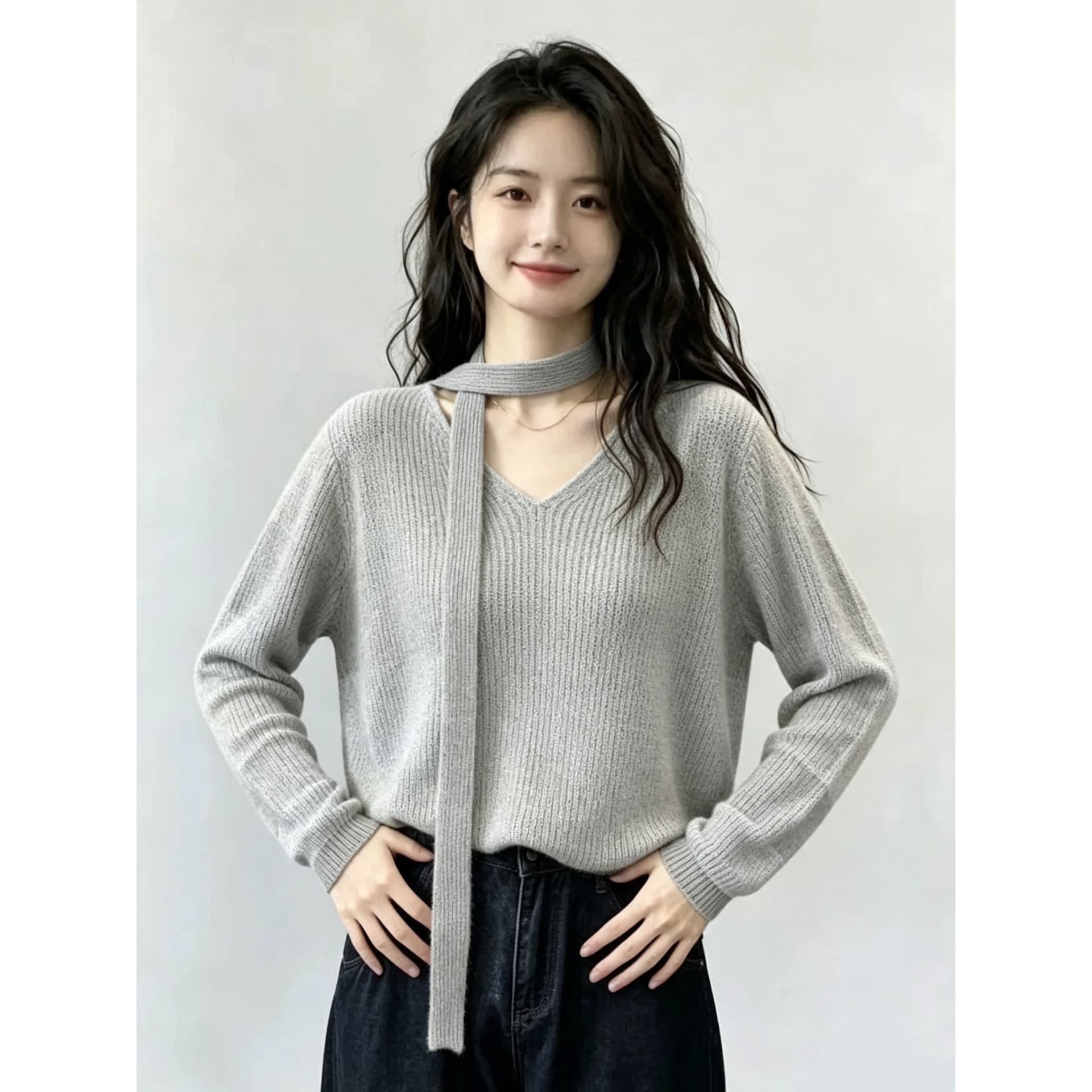 2026 가을 미니멀리즘 느긋한 바람 V넥 다용도 스웨터 니트 리본 맨위 이미지 5