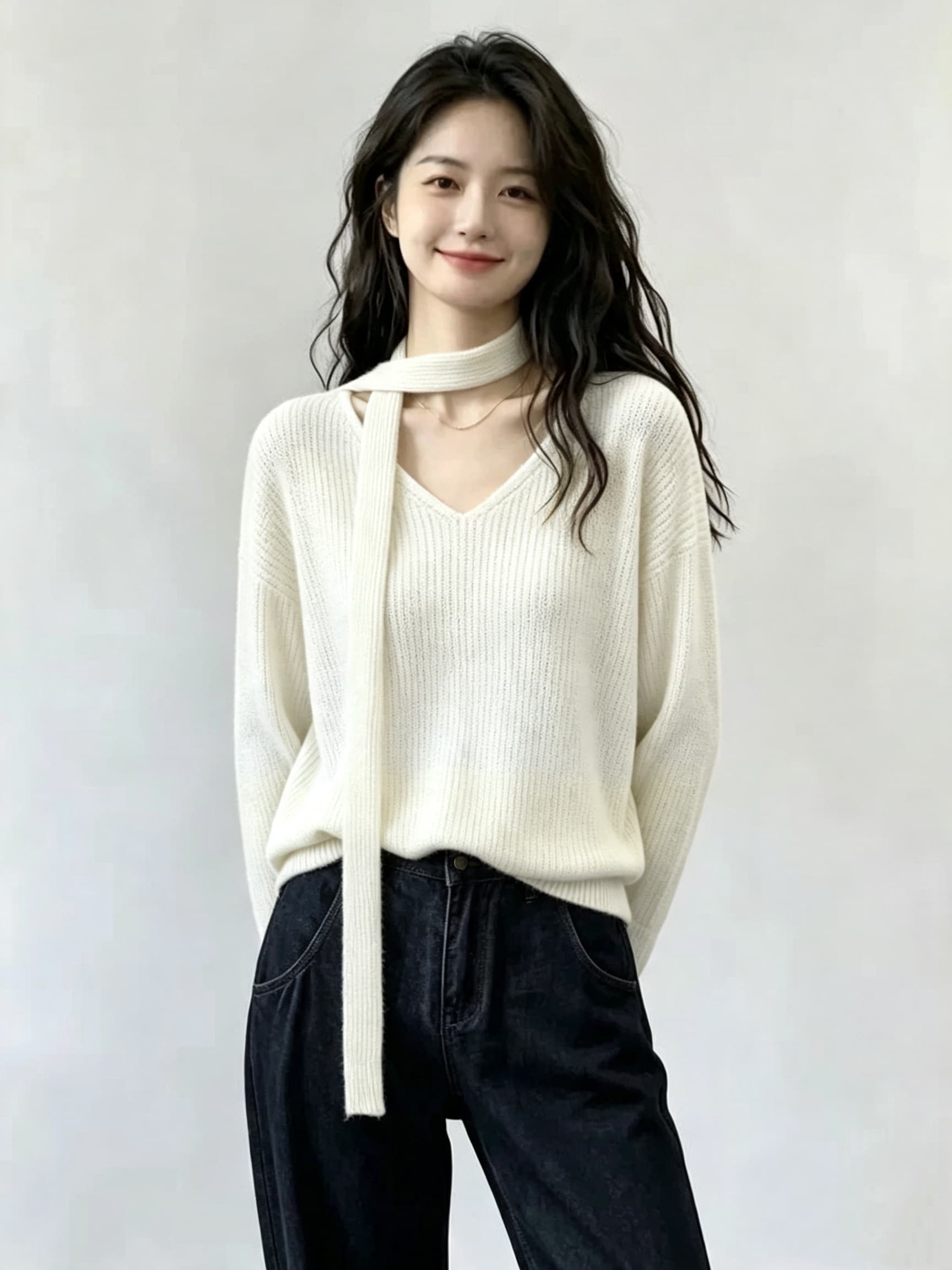 2026 가을 미니멀리즘 느긋한 바람 V넥 다용도 스웨터 니트 리본 맨위 상세 이미지 4