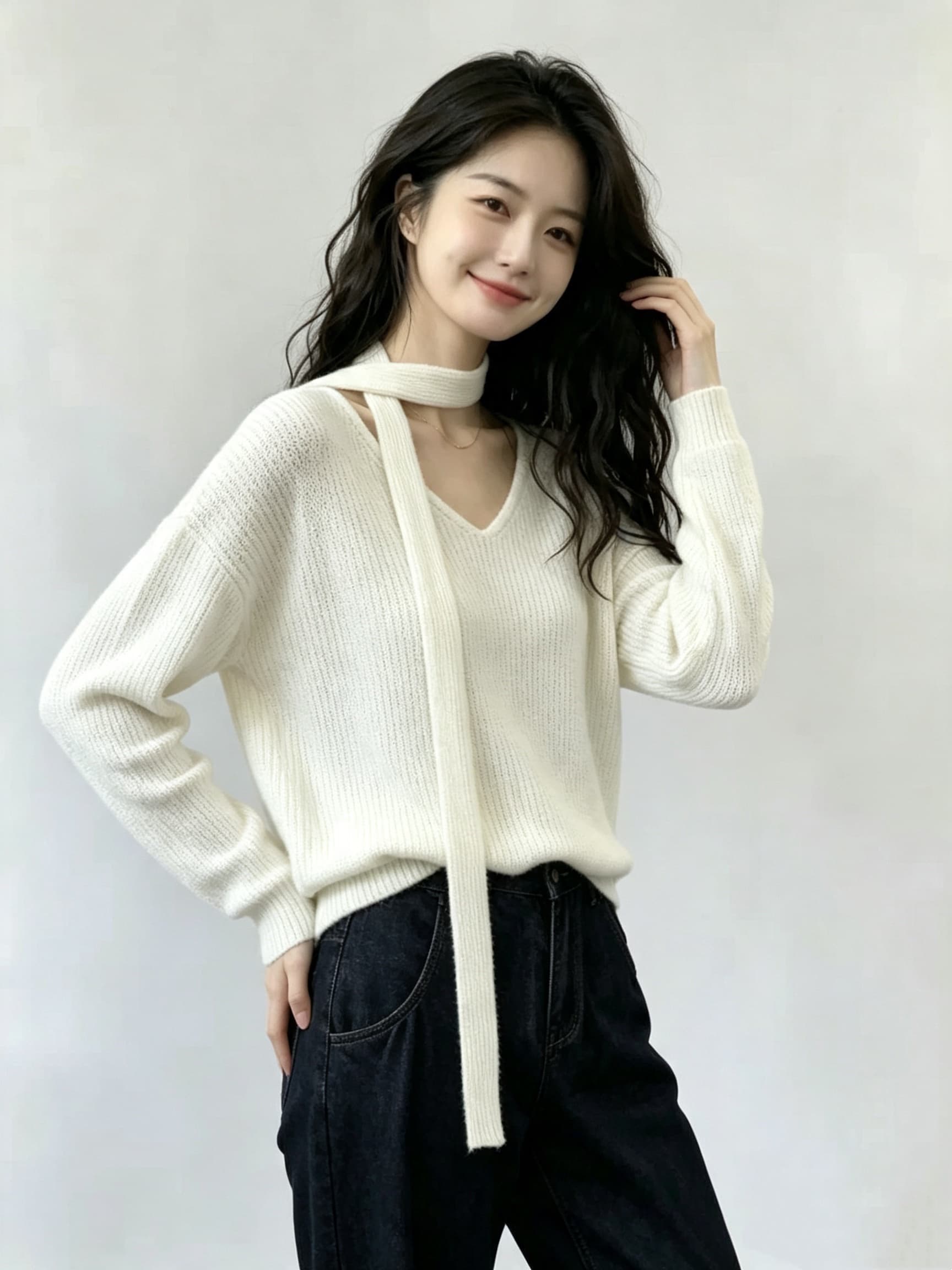 2026 가을 미니멀리즘 느긋한 바람 V넥 다용도 스웨터 니트 리본 맨위 상세 이미지 5