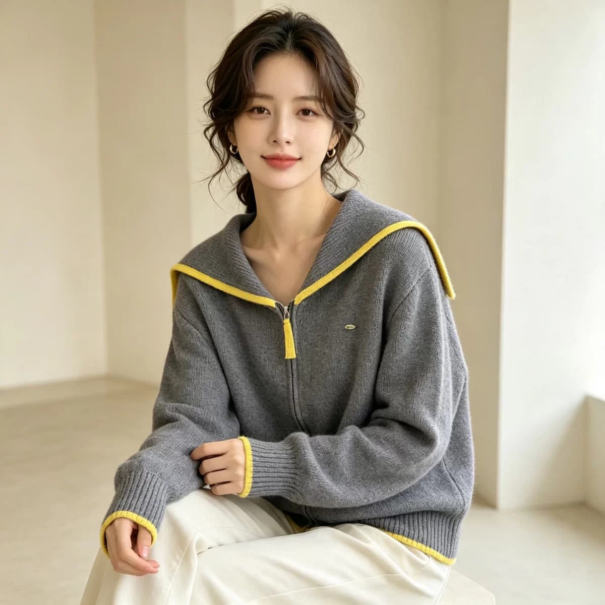 2026 가을 해군 베이비 칼라 패치워크 색상 루즈핏 슬림해 보이는 보온 부드러운 찹쌀 당겨서 달구다 오픈 가디건 스웨터 여자 재킷 상세 이미지 7