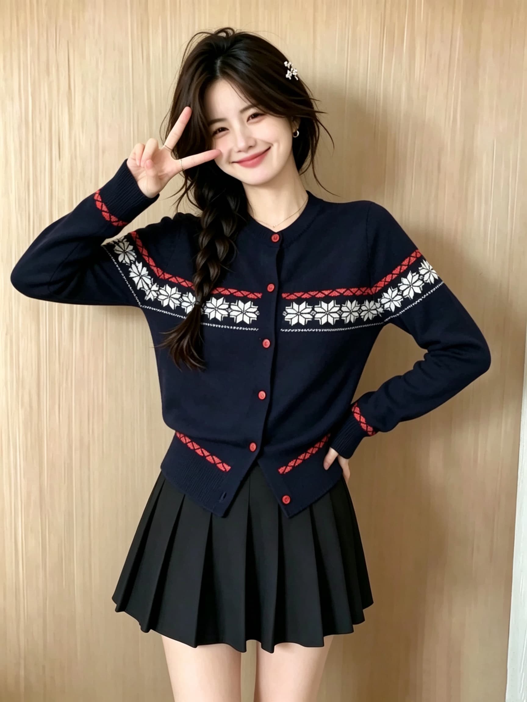 2026 가을 새로운 니트 카디건 코트 여성 짧은 패치워크 레트로 눈꽃 라운드 넥 스웨터 상세 이미지 3