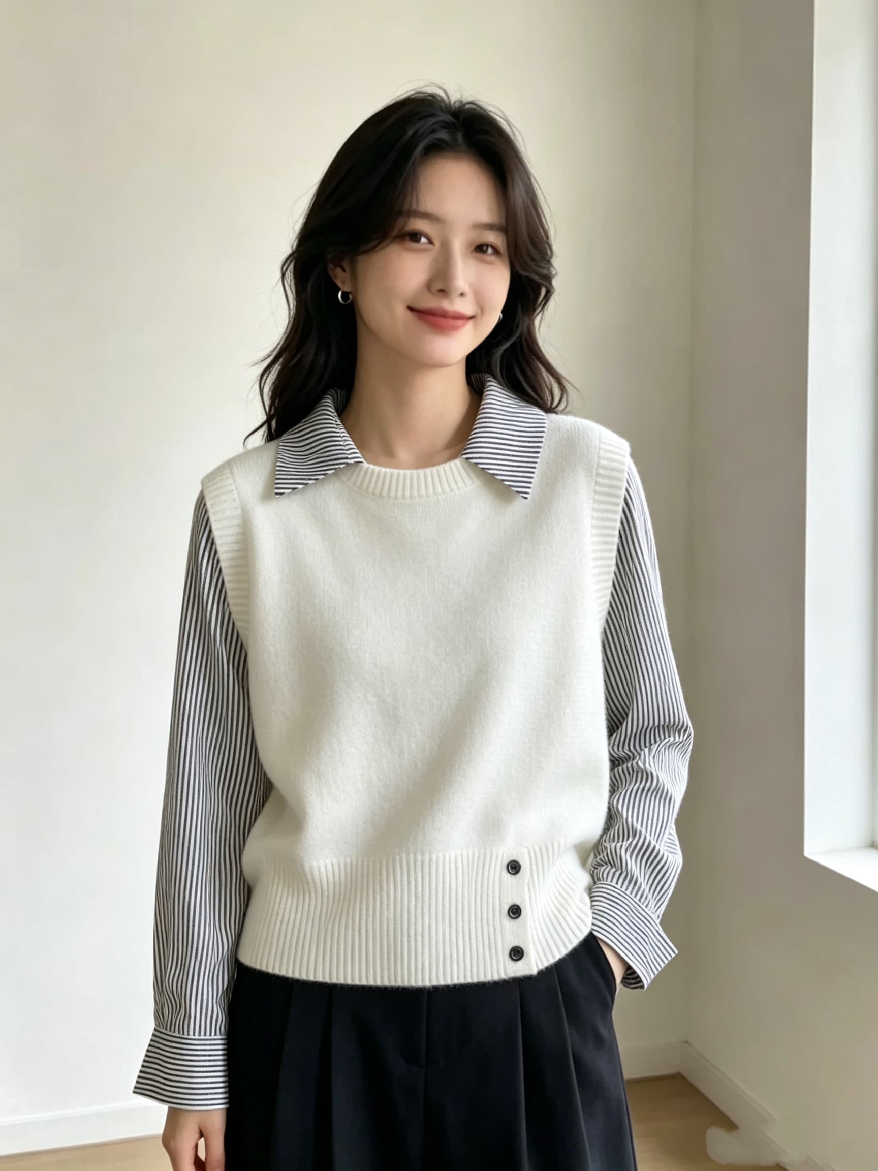 2026 가을 패치워크 페이크 레이어드 스트라이프 셔츠 칼라 니트 스웨터 맨위 여성