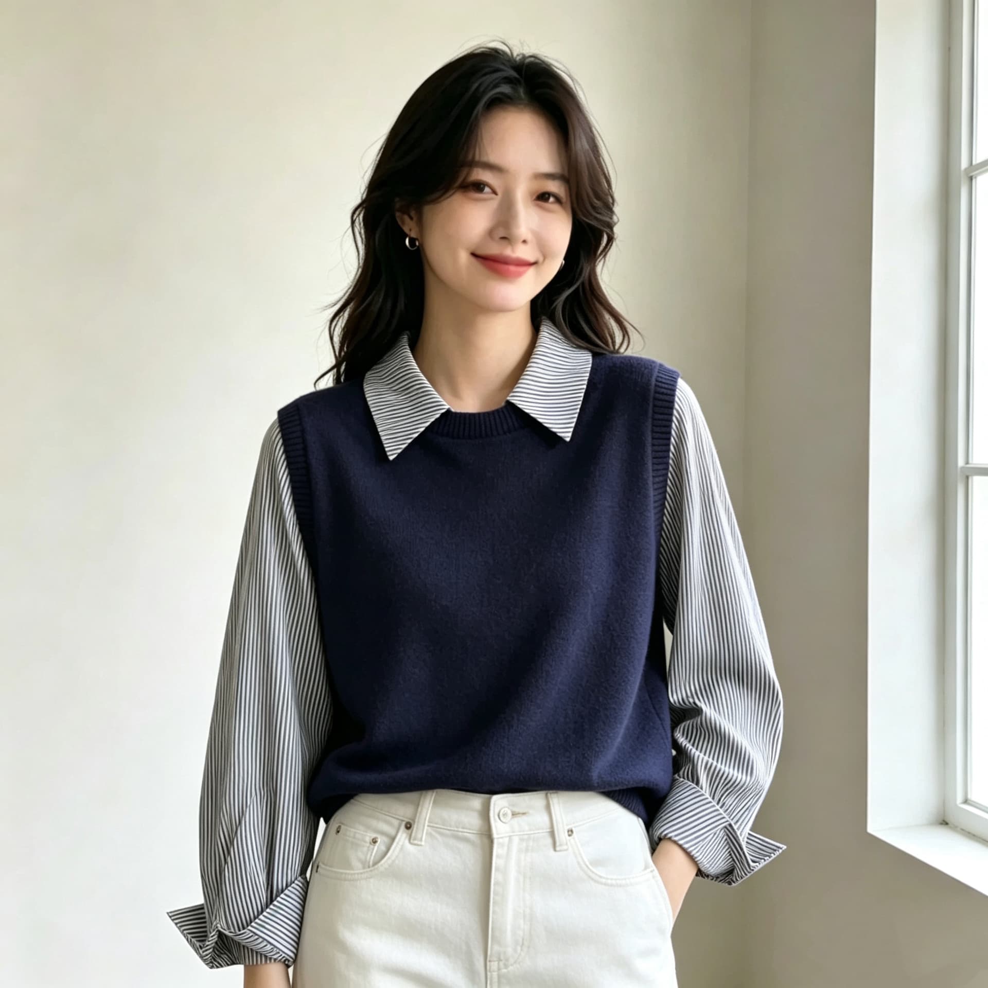 2026 가을 패치워크 페이크 레이어드 스트라이프 셔츠 칼라 니트 스웨터 맨위 여성 이미지 5