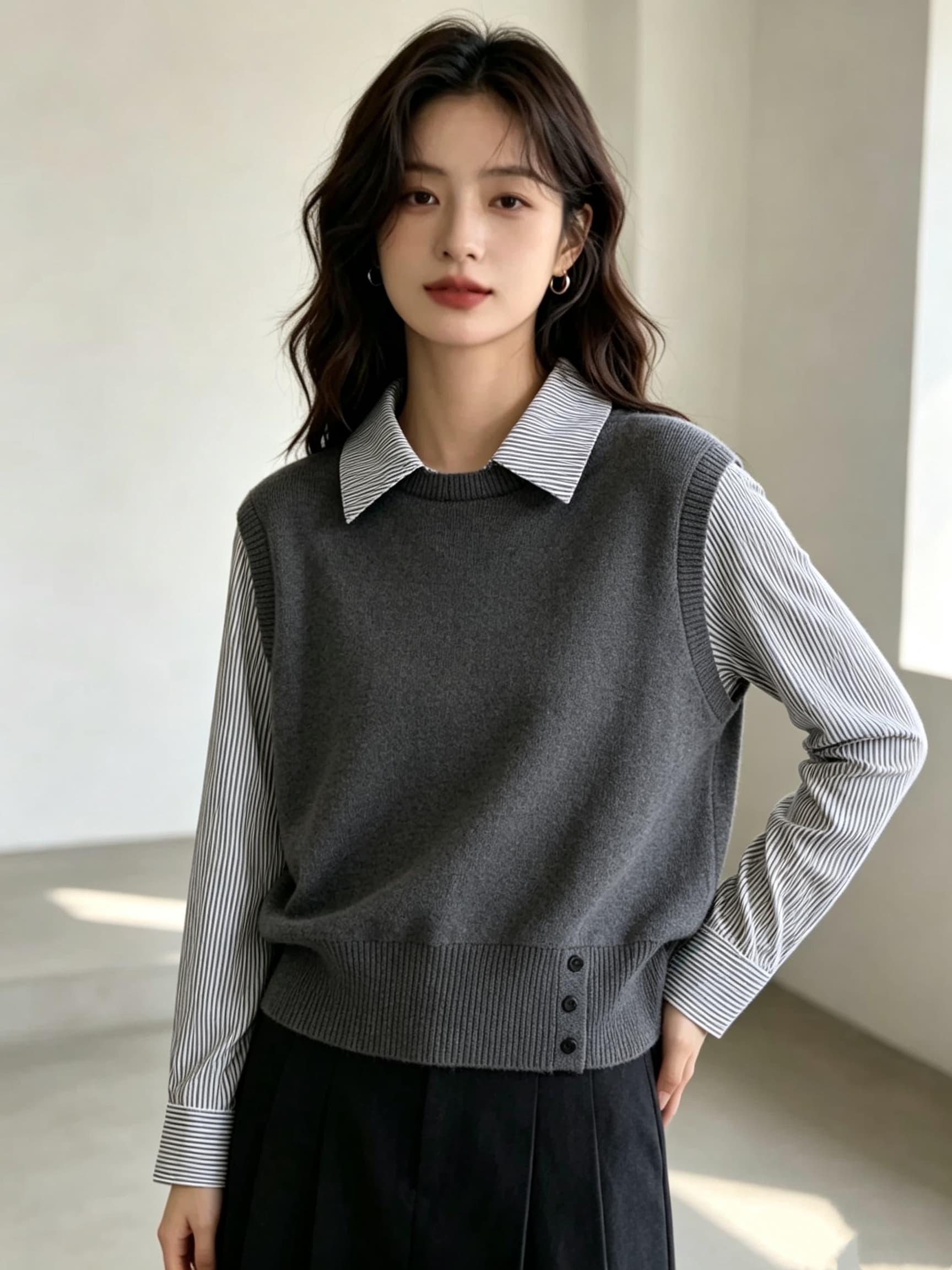 2026 가을 패치워크 페이크 레이어드 스트라이프 셔츠 칼라 니트 스웨터 맨위 여성 상세 이미지 4