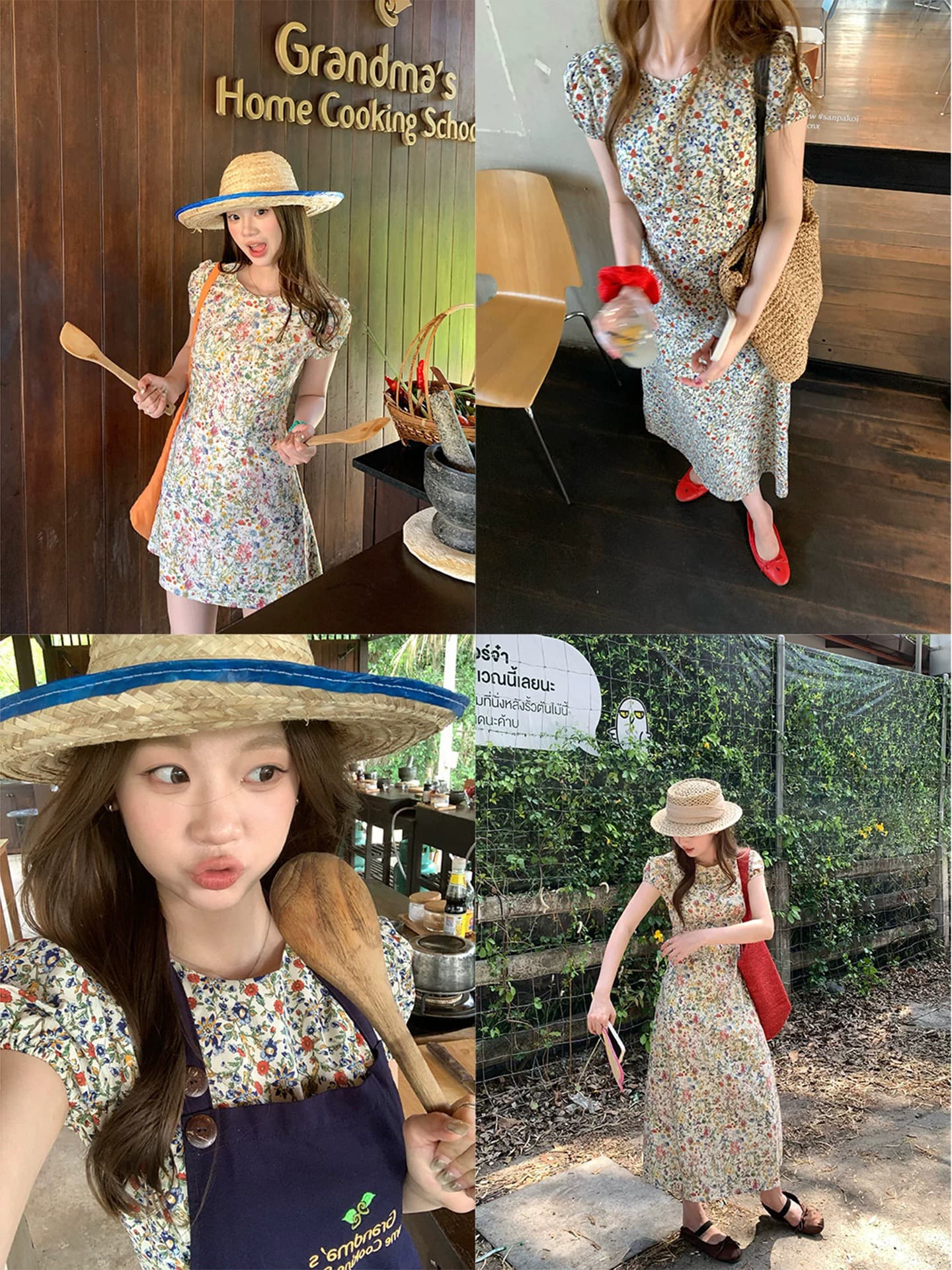니스 꽃 시장 휴가 바람 레트로 꽃무늬 치마 라운드 넥 거품 소매 허리 수축 달콤함 한 마디 드레스