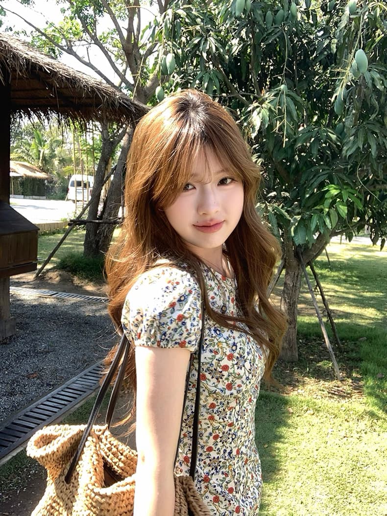 니스 꽃 시장 휴가 바람 레트로 꽃무늬 치마 라운드 넥 거품 소매 허리 수축 달콤함 한 마디 드레스 상세 이미지 10