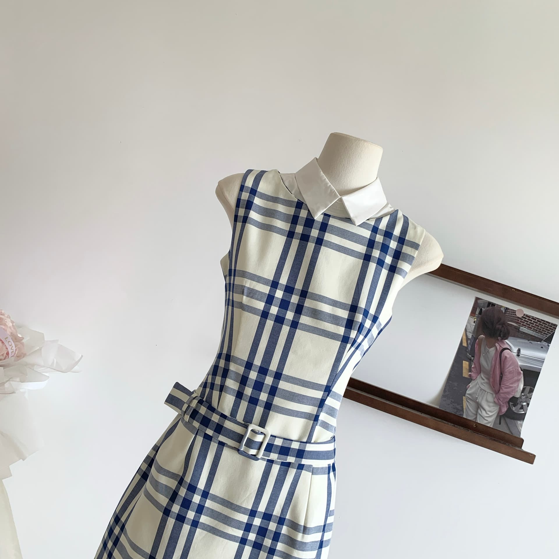 파란색 체크무늬 순면 학원 천 금빛 바람 페이크 레이어드 벨트 장식 허리 수축 드레스 상세 이미지 7