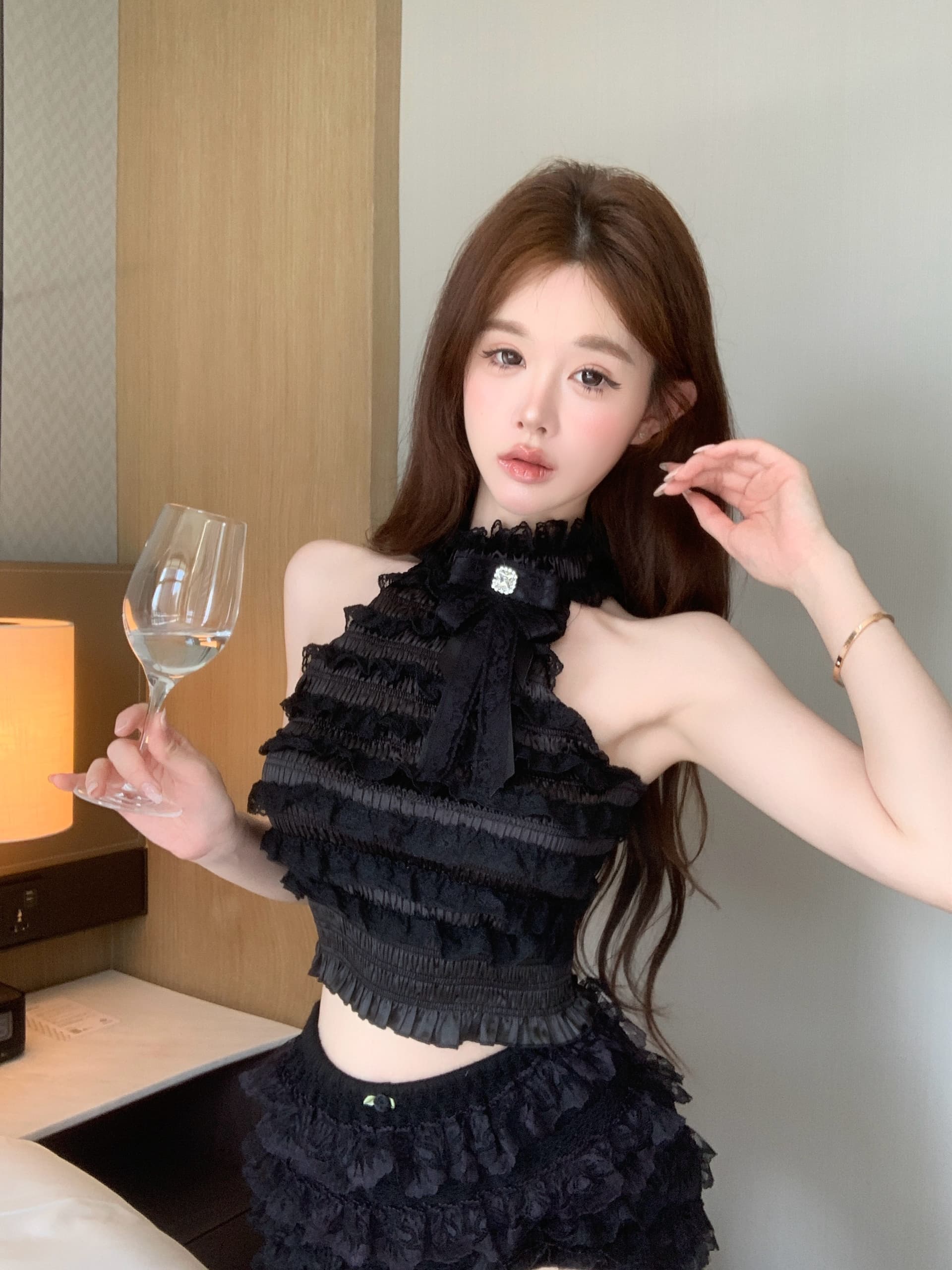 정가 실사 나비 매듭 레이스 레이스 조끼 기본 셔츠 핫걸 맨위 여성 이미지 2