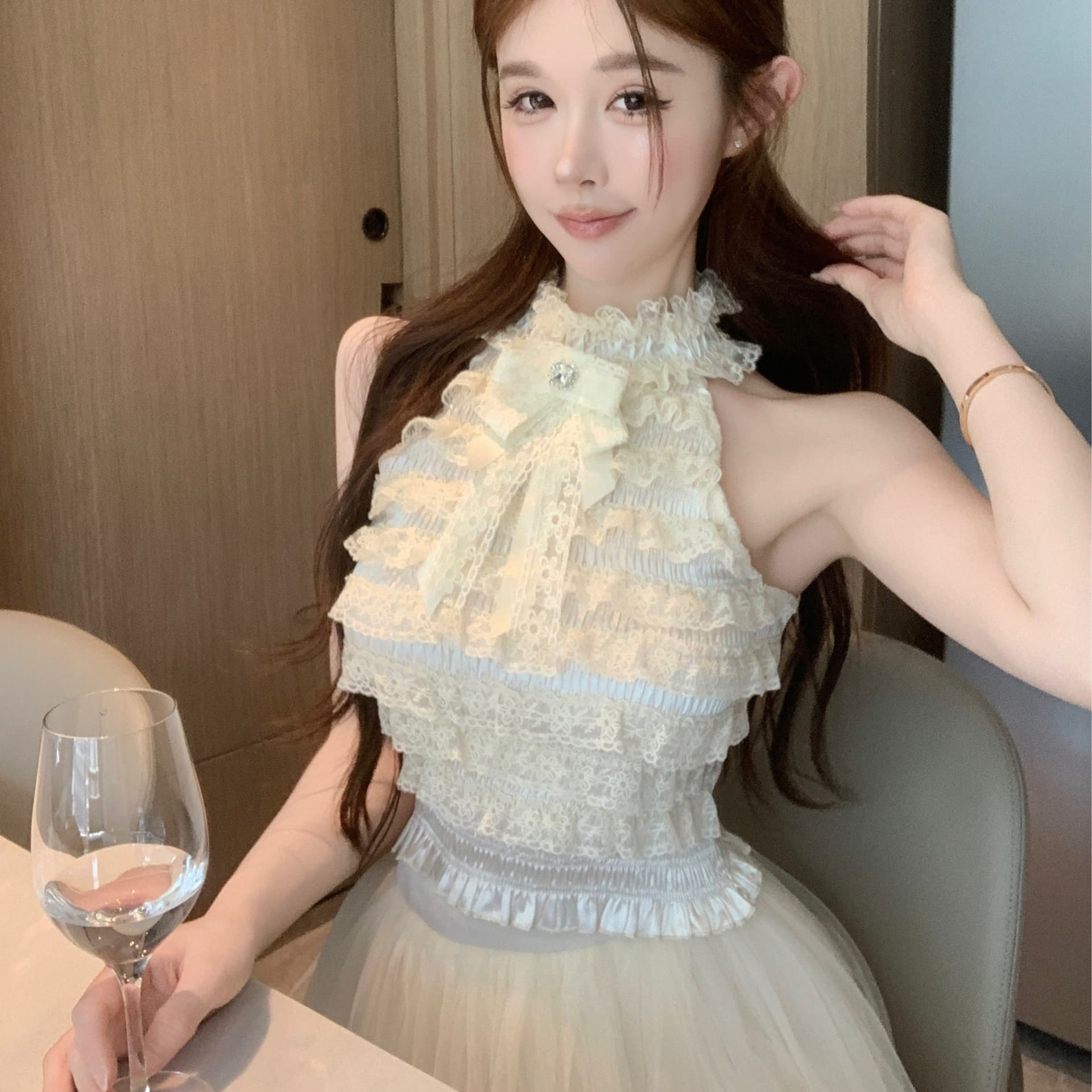정가 실사 나비 매듭 레이스 레이스 조끼 기본 셔츠 핫걸 맨위 여성 이미지 5