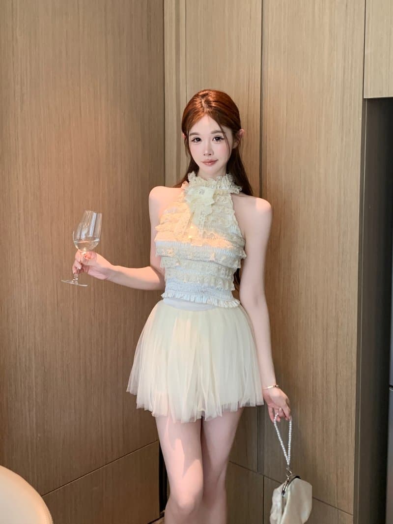 정가 실사 나비 매듭 레이스 레이스 조끼 기본 셔츠 핫걸 맨위 여성 상세 이미지 1