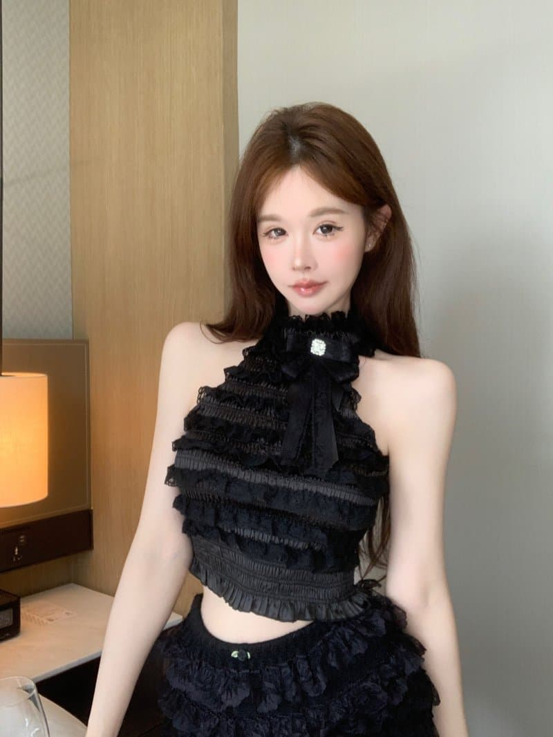 정가 실사 나비 매듭 레이스 레이스 조끼 기본 셔츠 핫걸 맨위 여성 상세 이미지 14