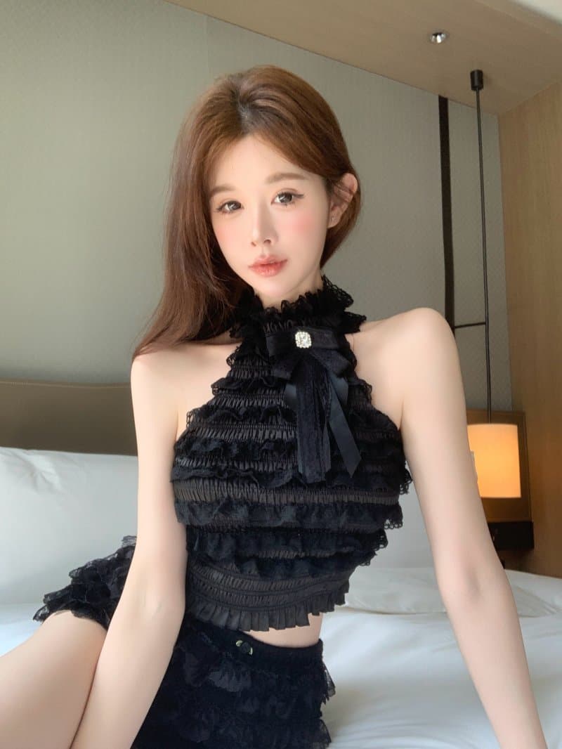 정가 실사 나비 매듭 레이스 레이스 조끼 기본 셔츠 핫걸 맨위 여성 상세 이미지 16