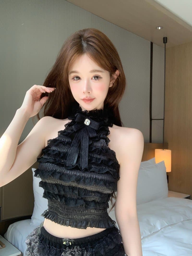 정가 실사 나비 매듭 레이스 레이스 조끼 기본 셔츠 핫걸 맨위 여성 상세 이미지 17