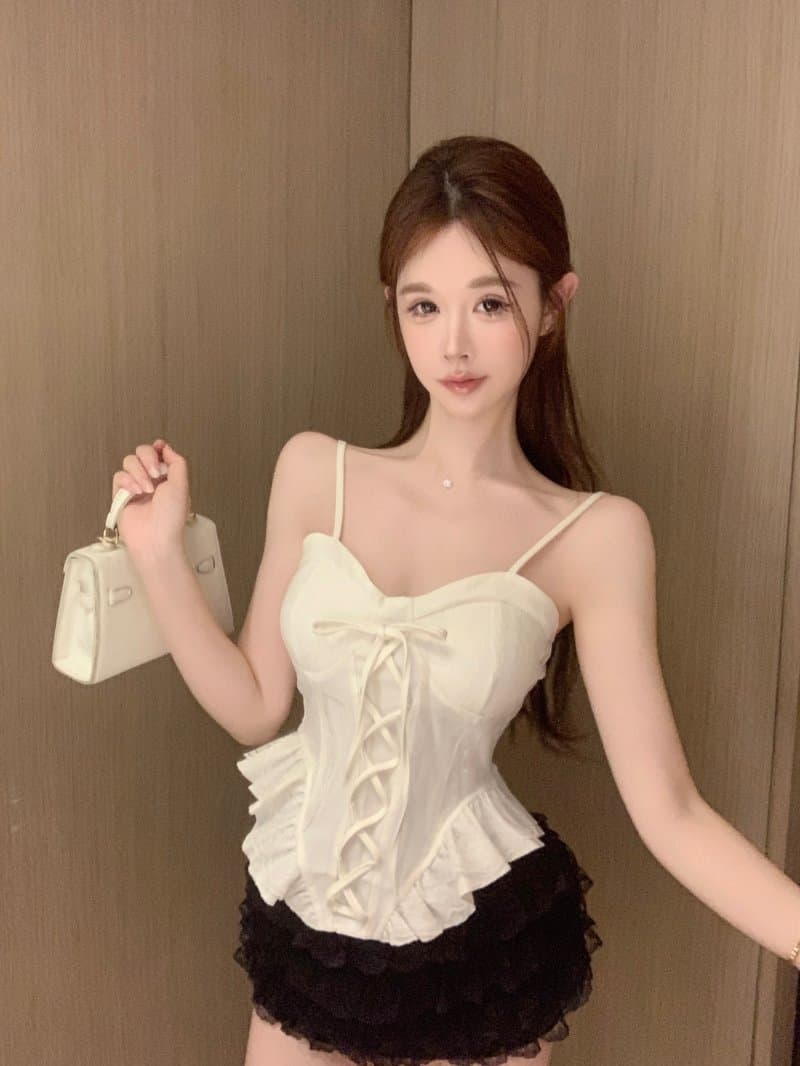 정가 실사 레이스 레이스 나비 매듭 스트랩 조끼 기본 셔츠 핫걸 맨위 여성 상세 이미지 3