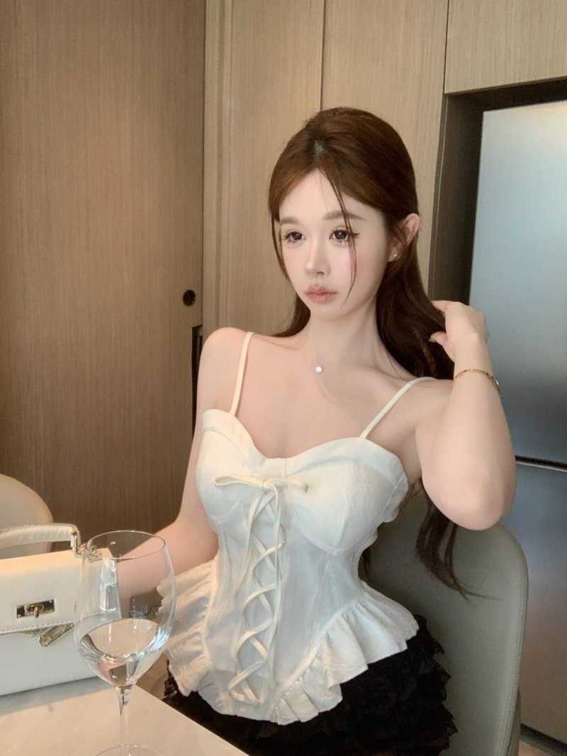 정가 실사 레이스 레이스 나비 매듭 스트랩 조끼 기본 셔츠 핫걸 맨위 여성 상세 이미지 5
