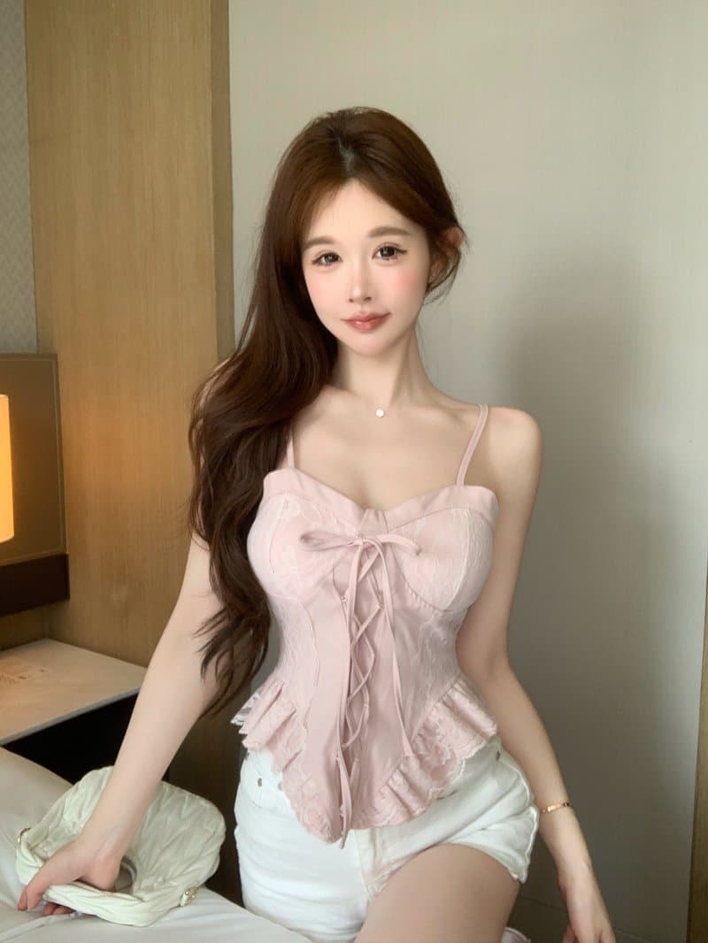 정가 실사 레이스 레이스 나비 매듭 스트랩 조끼 기본 셔츠 핫걸 맨위 여성 상세 이미지 12