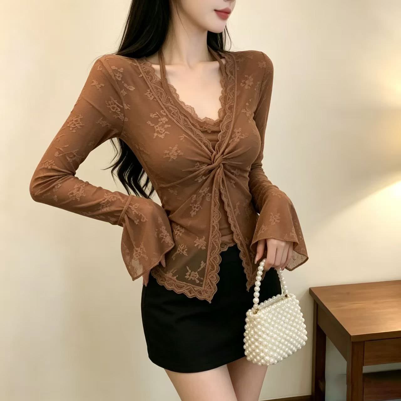 정가 실사 V넥 레이스 행침 목 나팔 소매 티셔츠 핫걸 맨위 여성 이미지 2