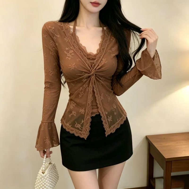 정가 실사 V넥 레이스 행침 목 나팔 소매 티셔츠 핫걸 맨위 여성 상세 이미지 4