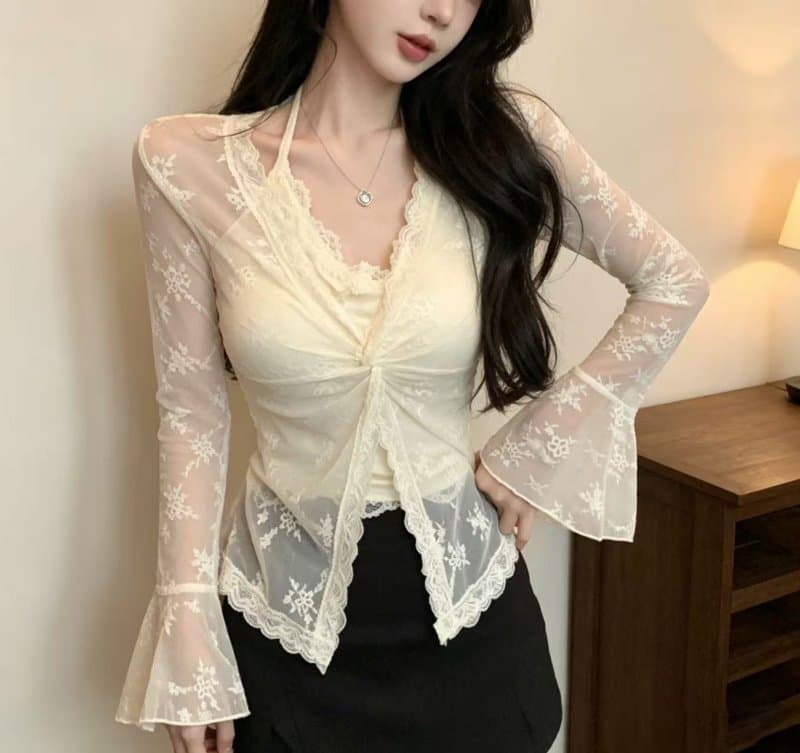 정가 실사 V넥 레이스 행침 목 나팔 소매 티셔츠 핫걸 맨위 여성 상세 이미지 8