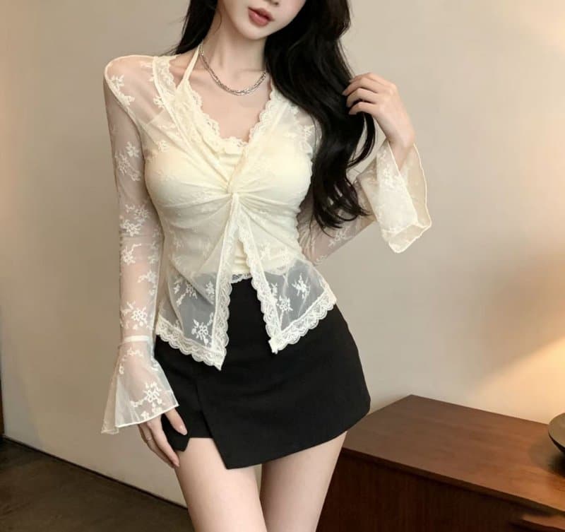 정가 실사 V넥 레이스 행침 목 나팔 소매 티셔츠 핫걸 맨위 여성 상세 이미지 9