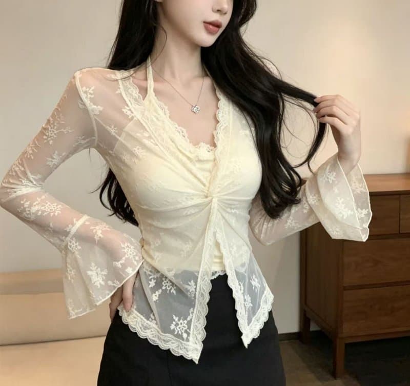 정가 실사 V넥 레이스 행침 목 나팔 소매 티셔츠 핫걸 맨위 여성 상세 이미지 10